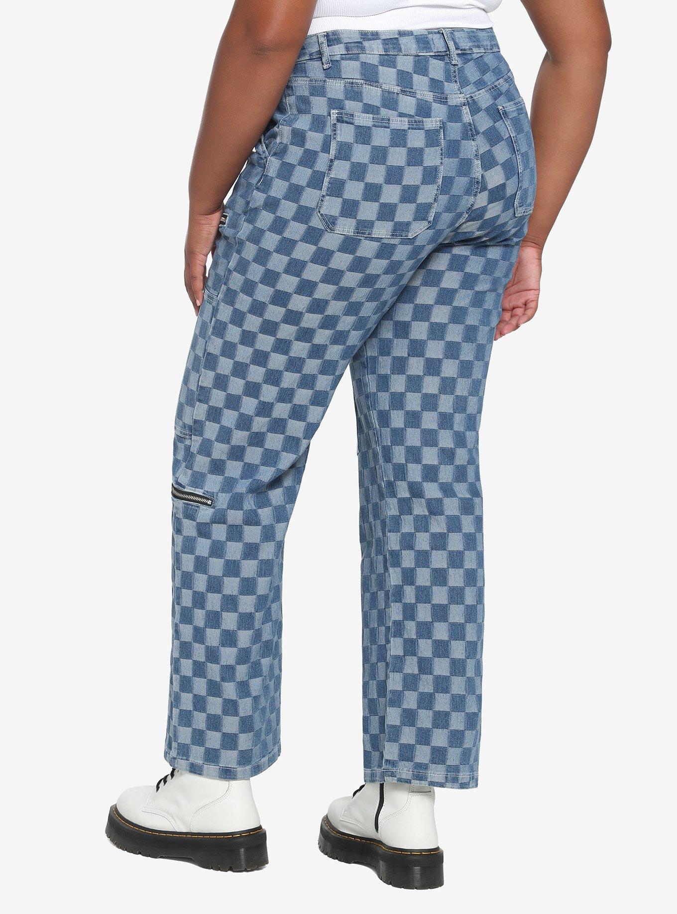 Blue Checkered Denim Straight Leg Jeans Plus Size, INDIGO, alternate