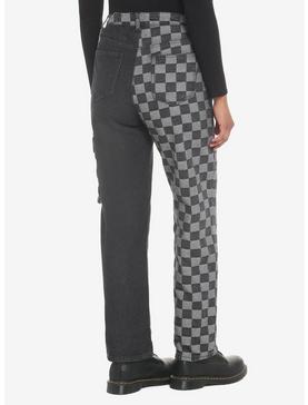 Black Checkered Split Straight Leg Jeans, , hi-res