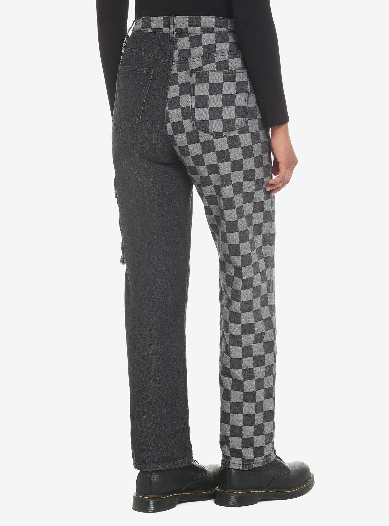 Black Checkered Split Straight Leg Jeans, BLACK, alternate