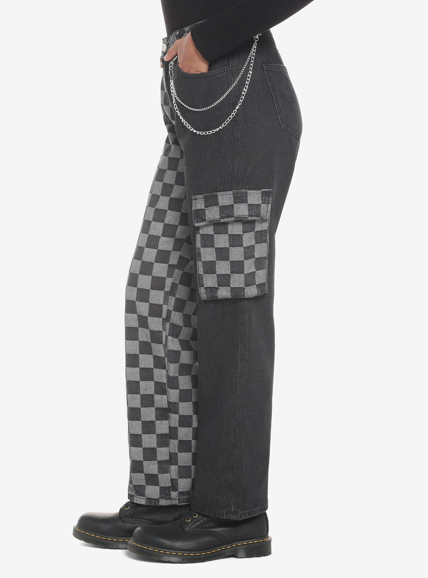 Black Checkered Split Straight Leg Jeans, BLACK, alternate