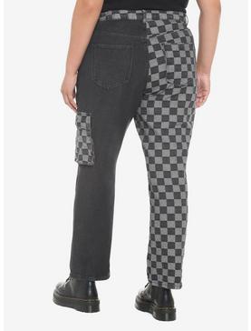 Black Checkered Split Straight Leg Jeans Plus Size, , hi-res