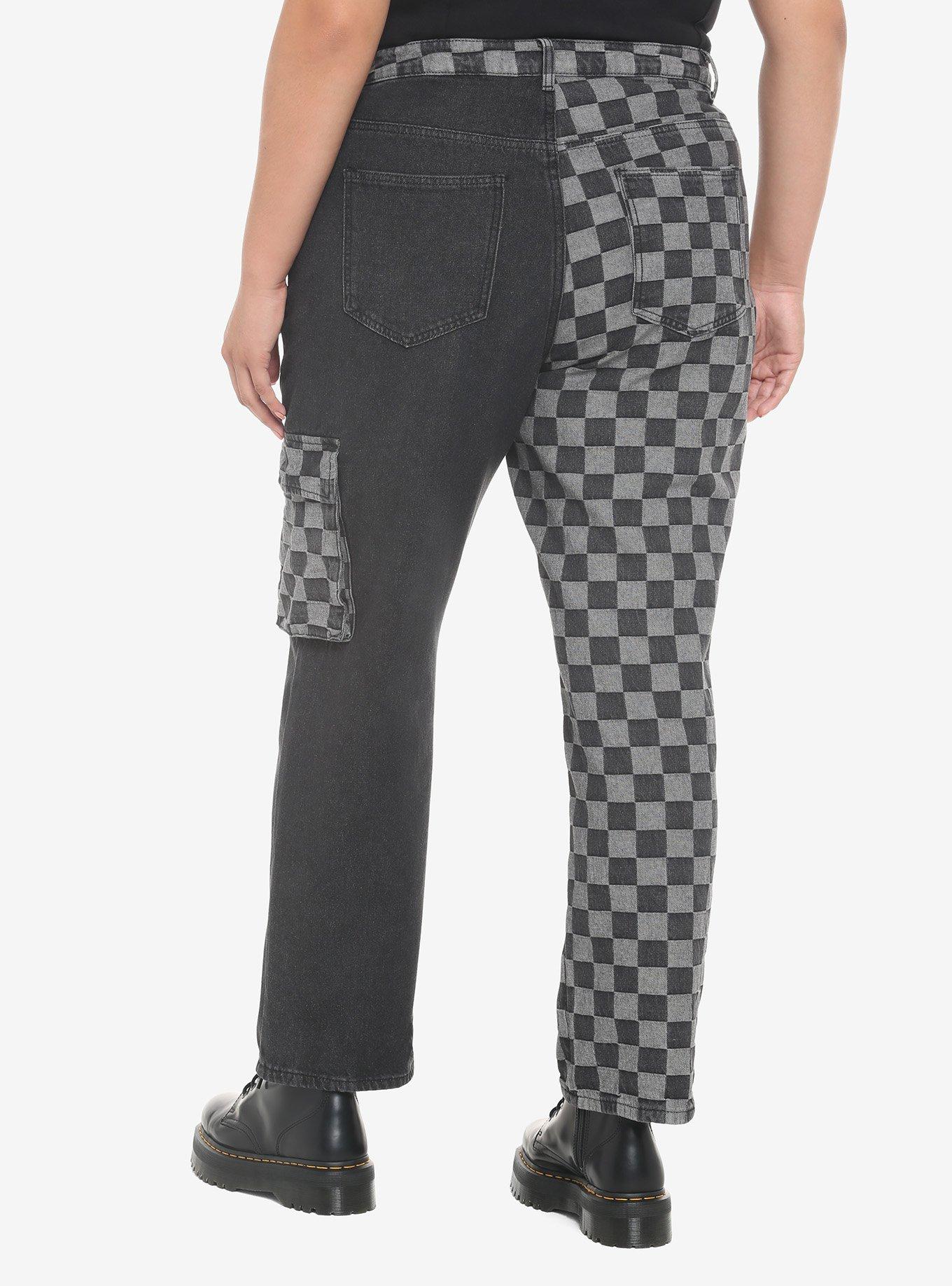 Black Checkered Split Straight Leg Jeans Plus Size, BLACK, alternate