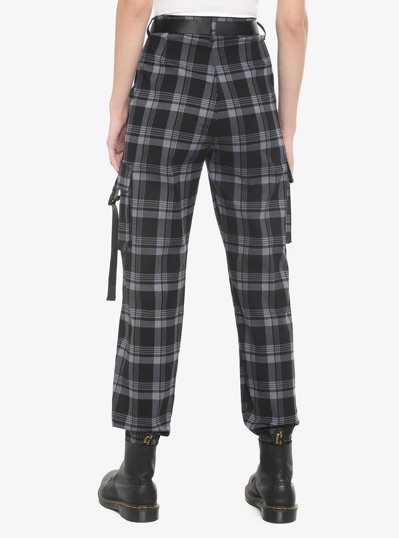 Grey Plaid Jogger Pants With Buckles, , hi-res