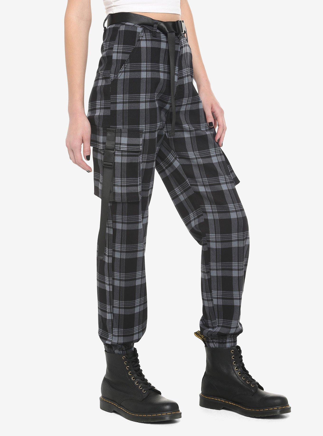 Grey Plaid Jogger Pants With Buckles, GREY, alternate