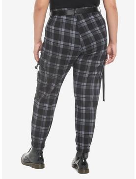 Grey Plaid Jogger Pants With Buckles Plus Size, , hi-res