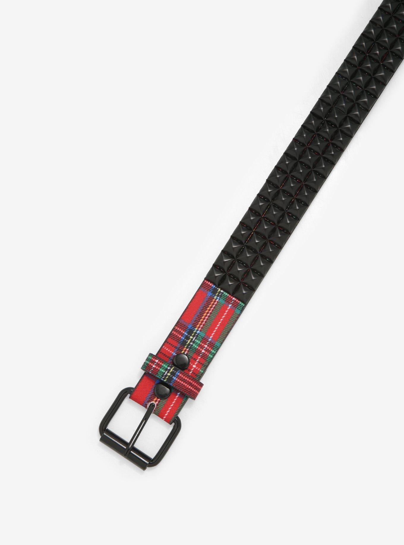 Red Plaid & Black Pyramid Stud Belt, BLACK, alternate