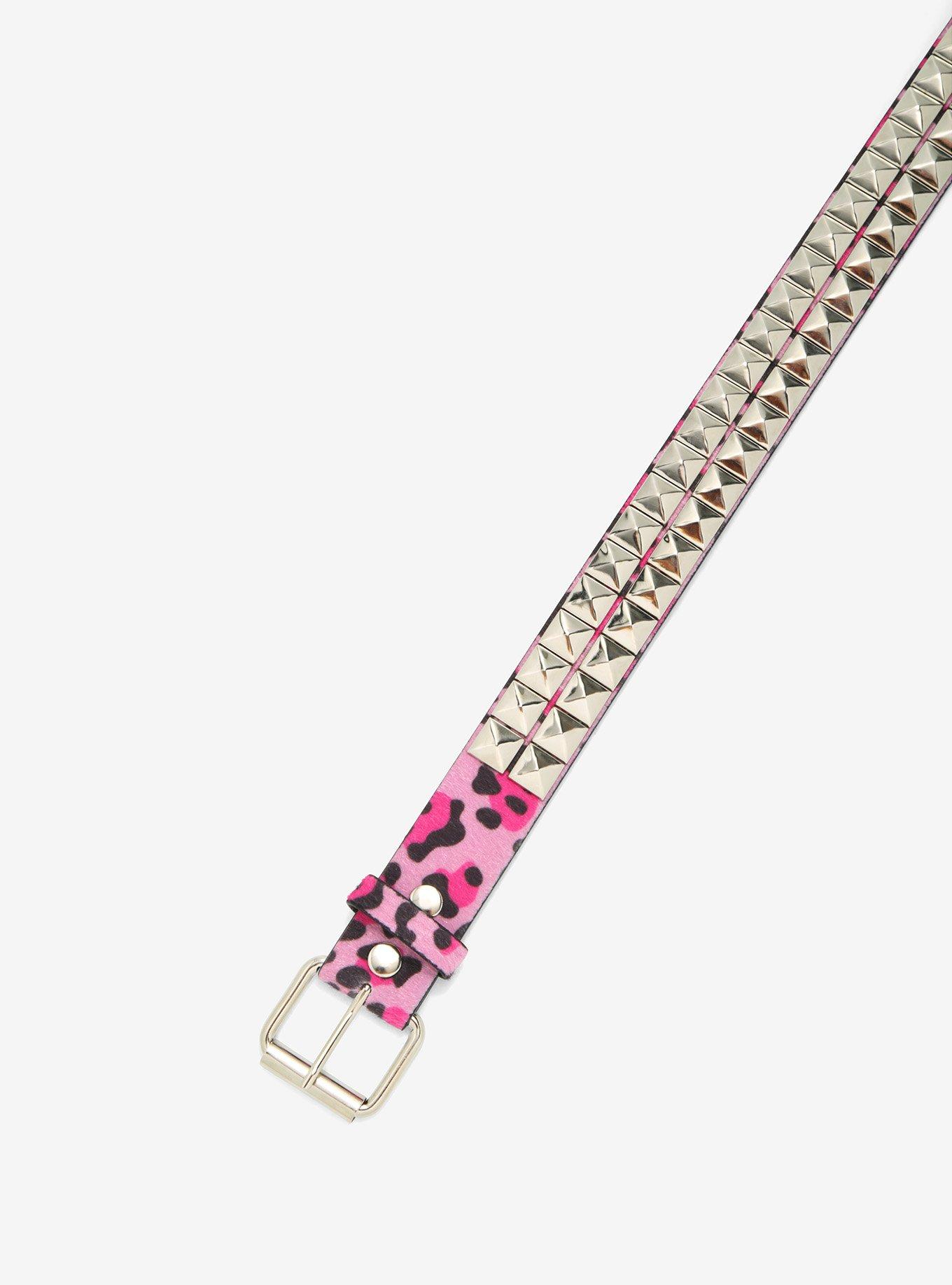 Pink Cheetah Two Row Pyramid Stud Belt, SILVER, alternate
