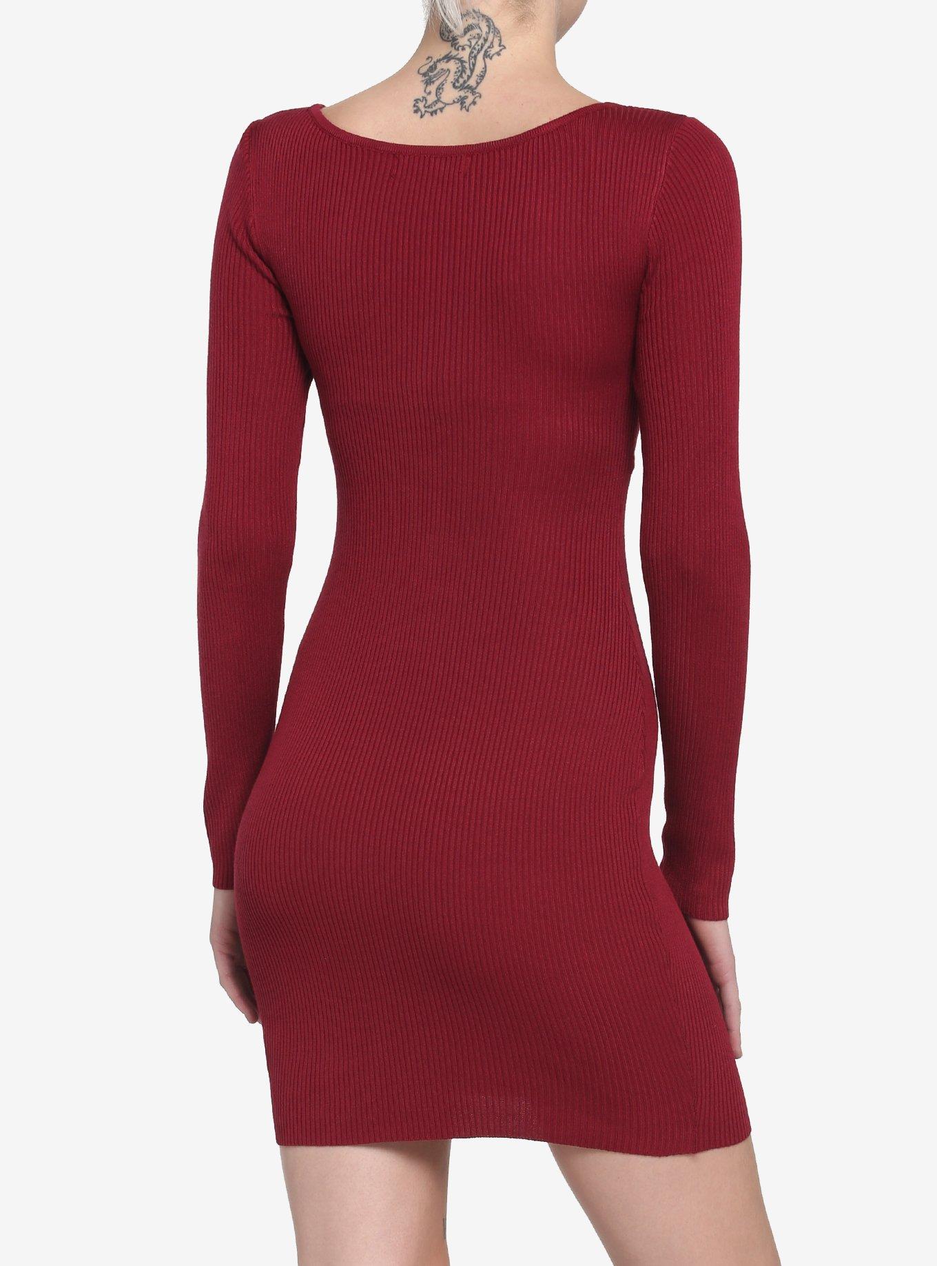 Red Ribbed Long-Sleeve Dress, RED, alternate