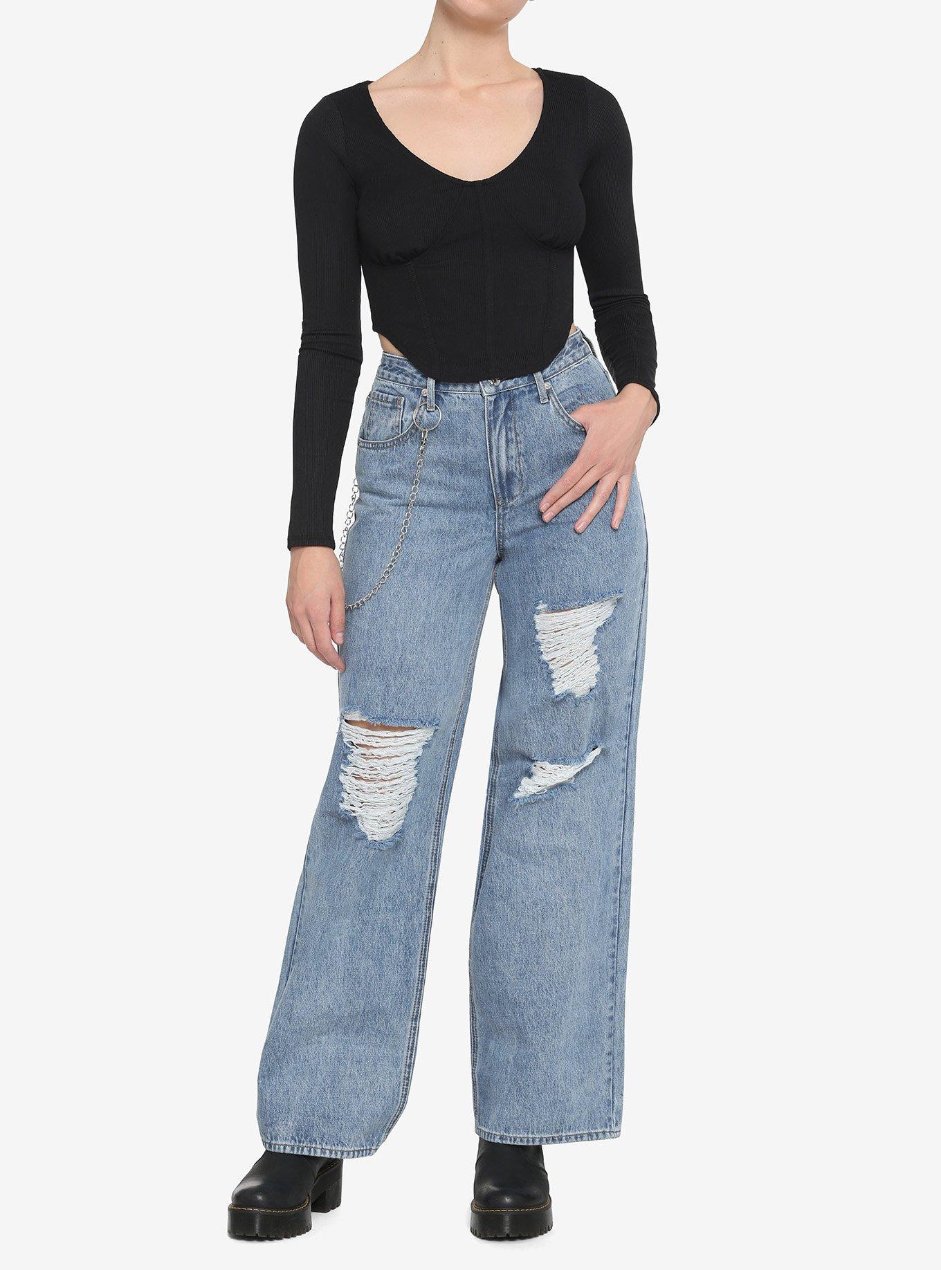 Black Corset Waist Girls Crop Long-Sleeve Top, BLACK, alternate