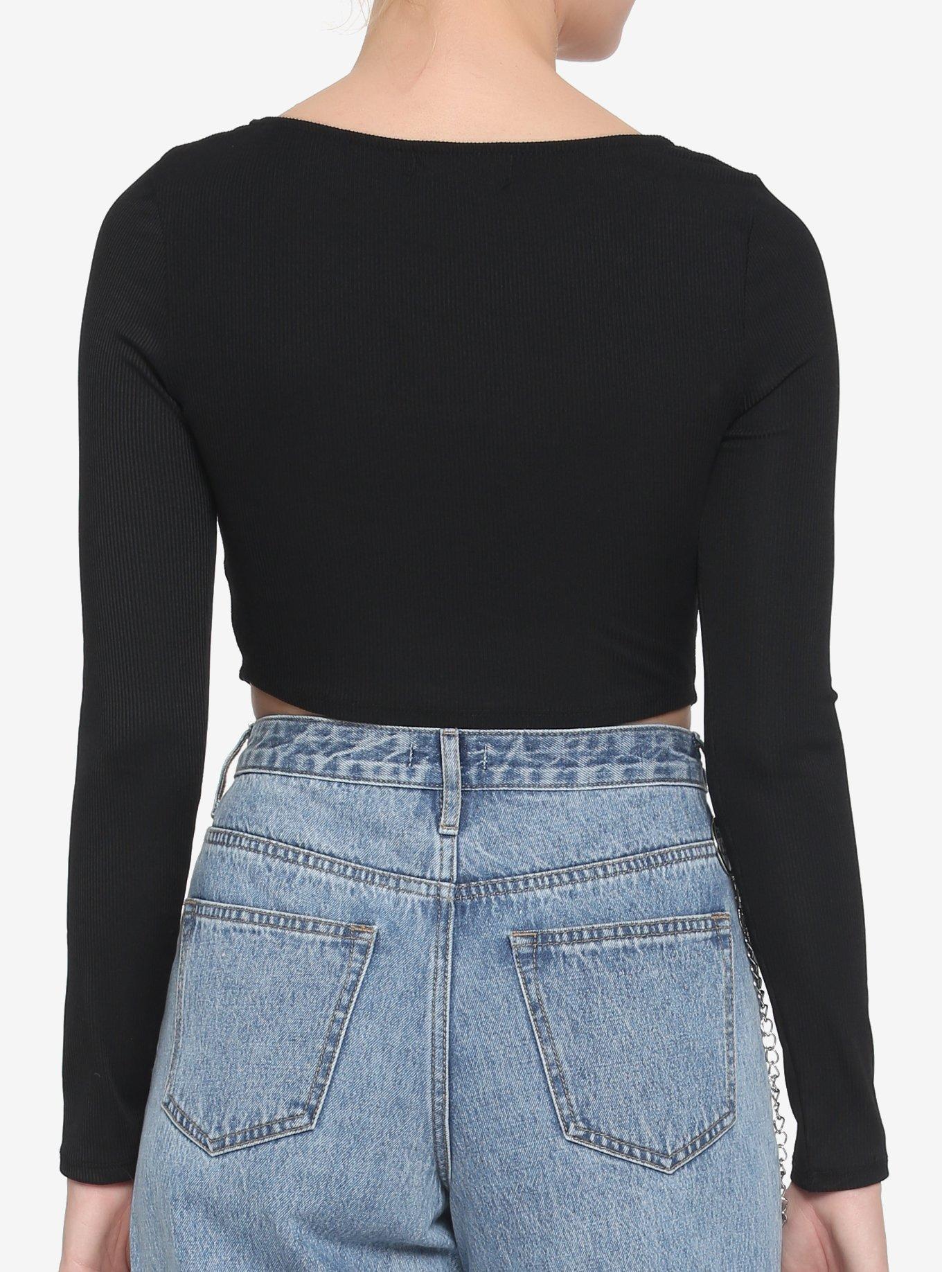 Black Corset Waist Girls Crop Long-Sleeve Top, BLACK, alternate