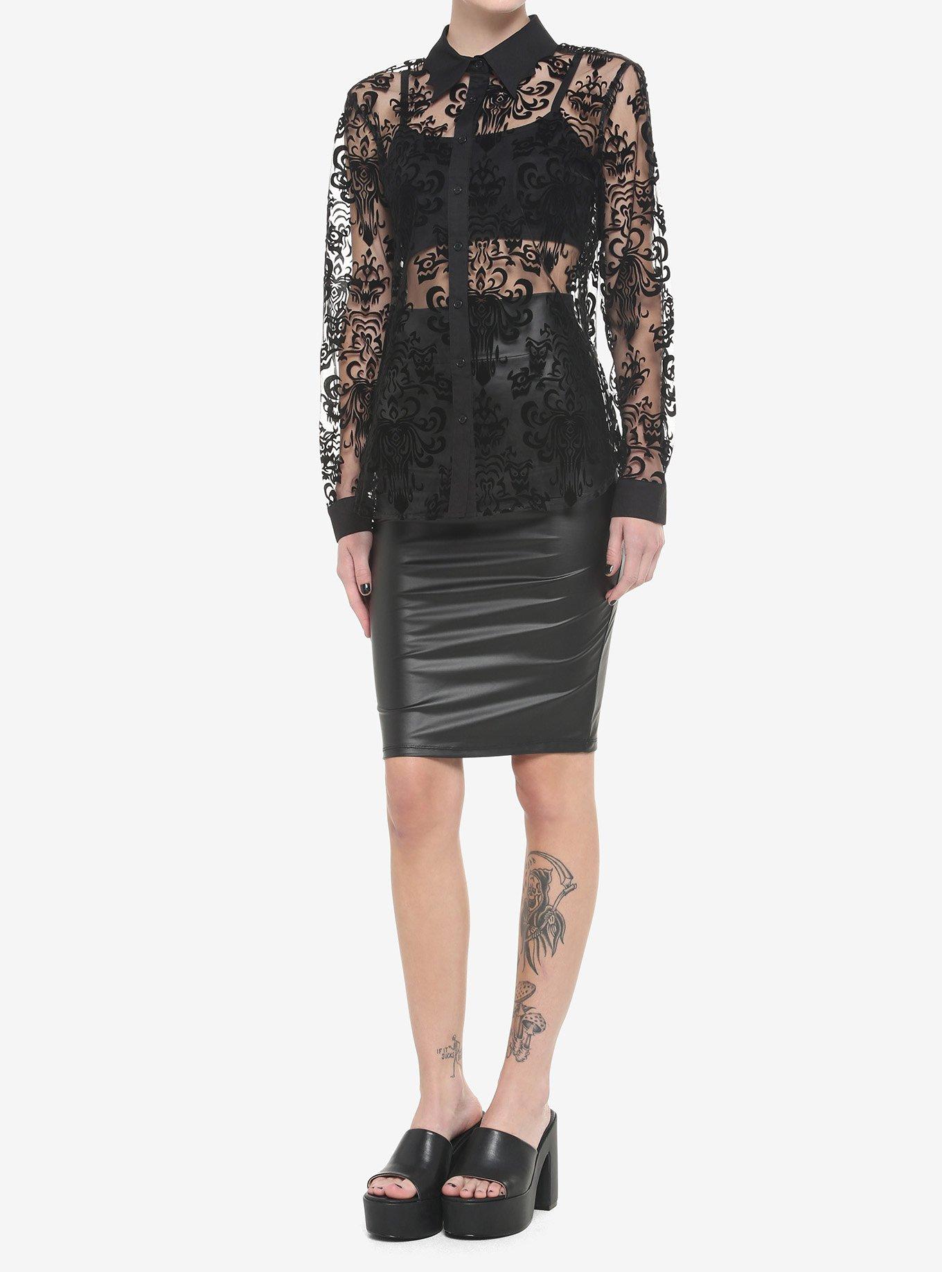 Her Universe Disney The Haunted Mansion Wallpaper Flocked Long-Sleeve Mesh Top, DEEP BLACK, alternate