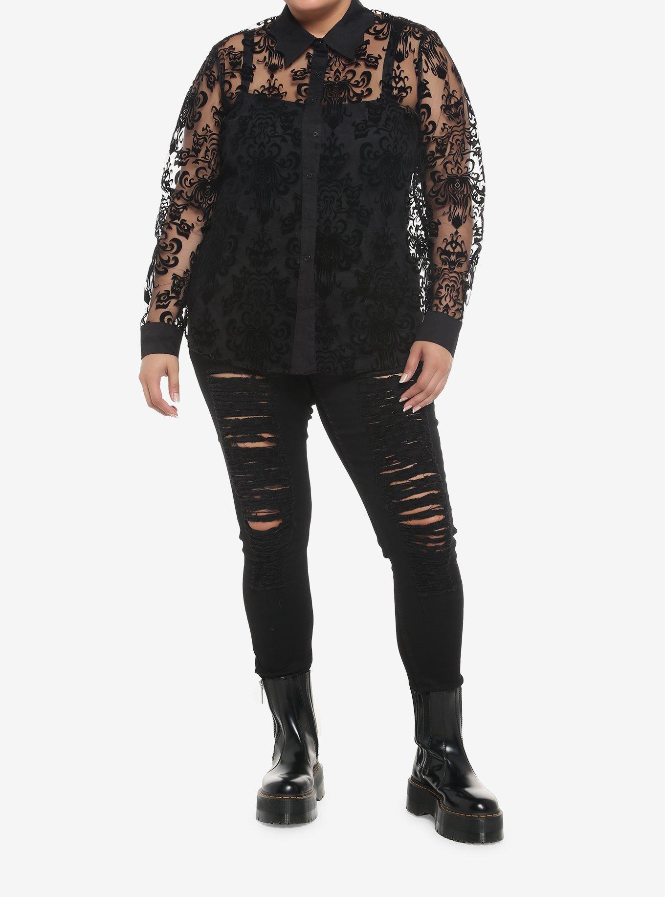 Her Universe Disney The Haunted Mansion Wallpaper Flocked Long-Sleeve Mesh Top Plus Size, DEEP BLACK, alternate