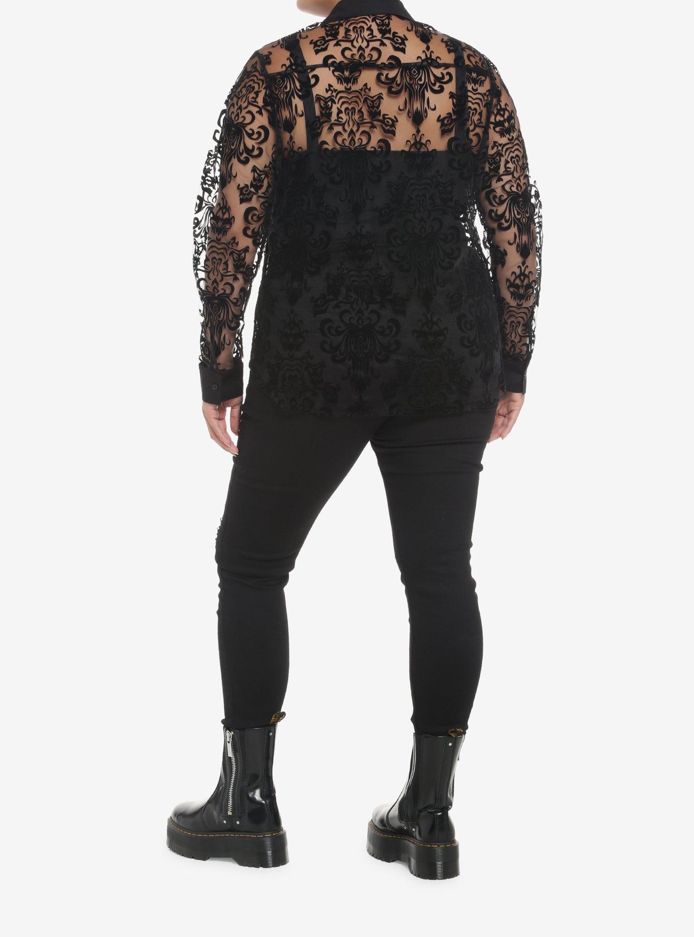 Her Universe Disney The Haunted Mansion Wallpaper Flocked Long-Sleeve Mesh Top Plus Size, DEEP BLACK, alternate