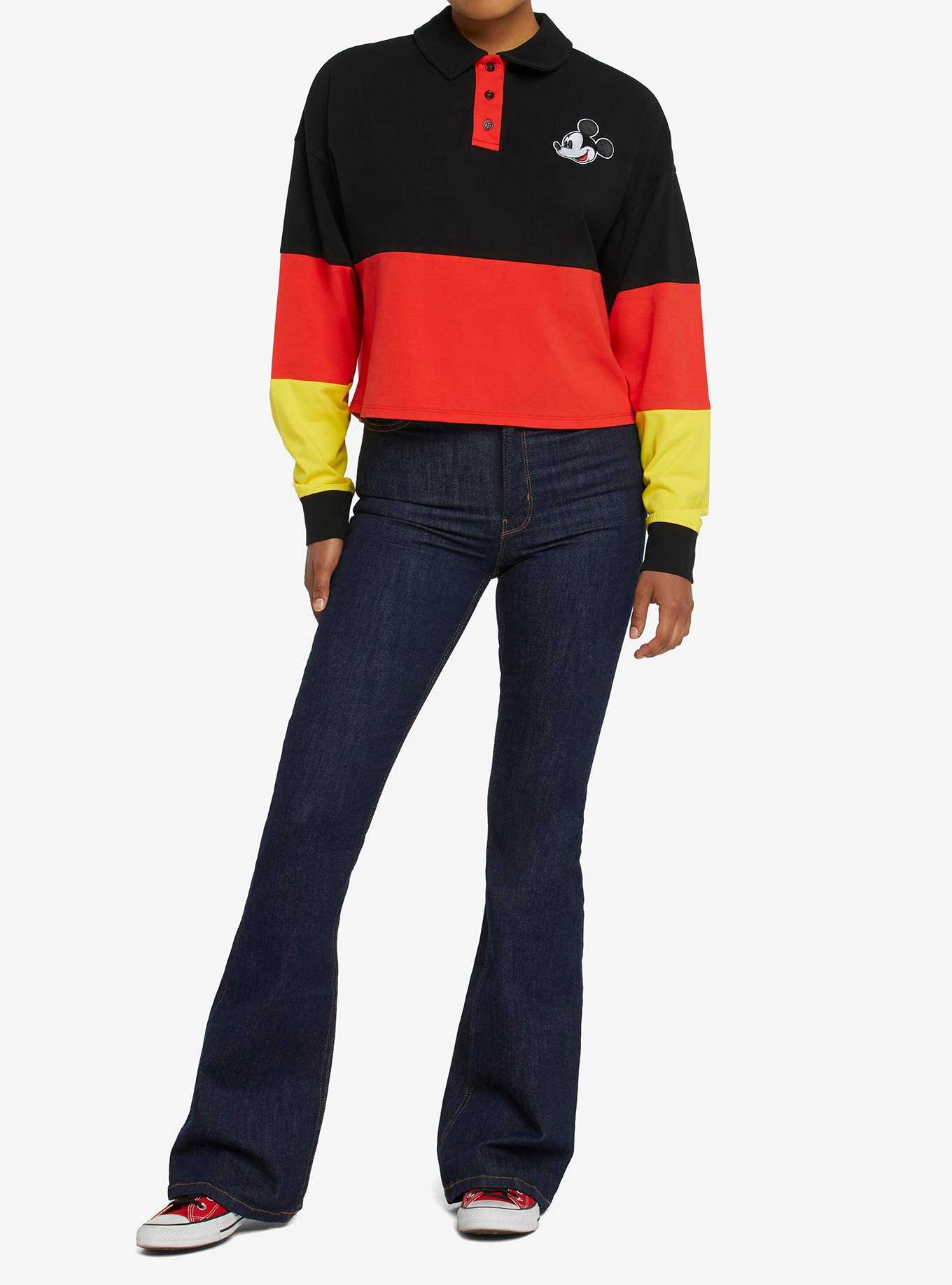 Disney Mickey Mouse Color-Block Crop Long-Sleeve Polo Shirt, , hi-res