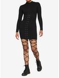 Black Ribbed Lace-Up Mini Dress, BLACK, alternate