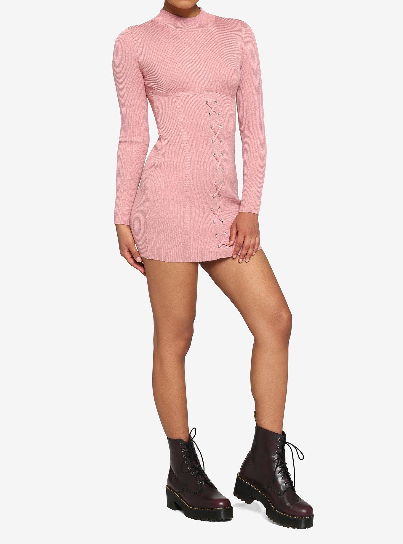 Pink Ribbed Lace-Up Mini Dress, , hi-res