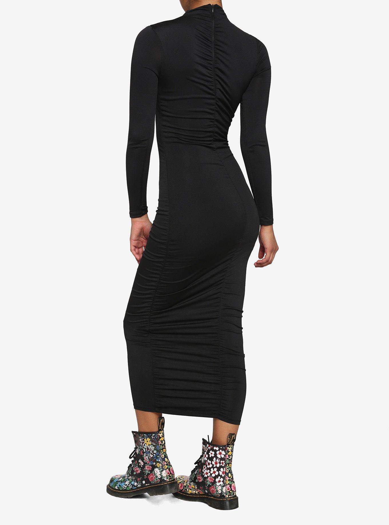 Black Ruched Long-Sleeve Bodycon Dress, BLACK, alternate