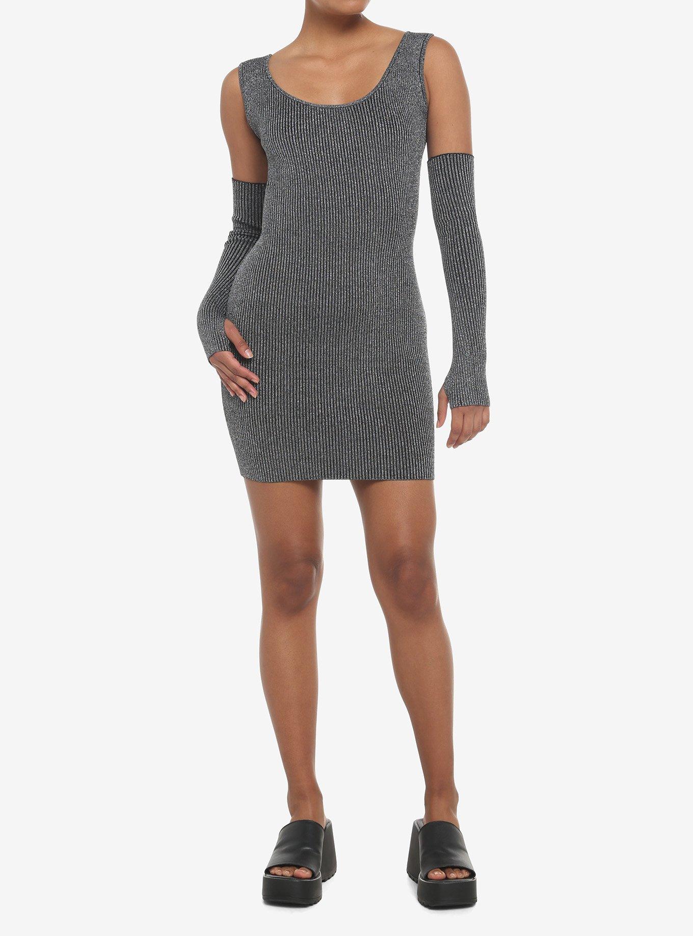 Metallic Silver Bodycon Dress With Arm Warmers, , hi-res