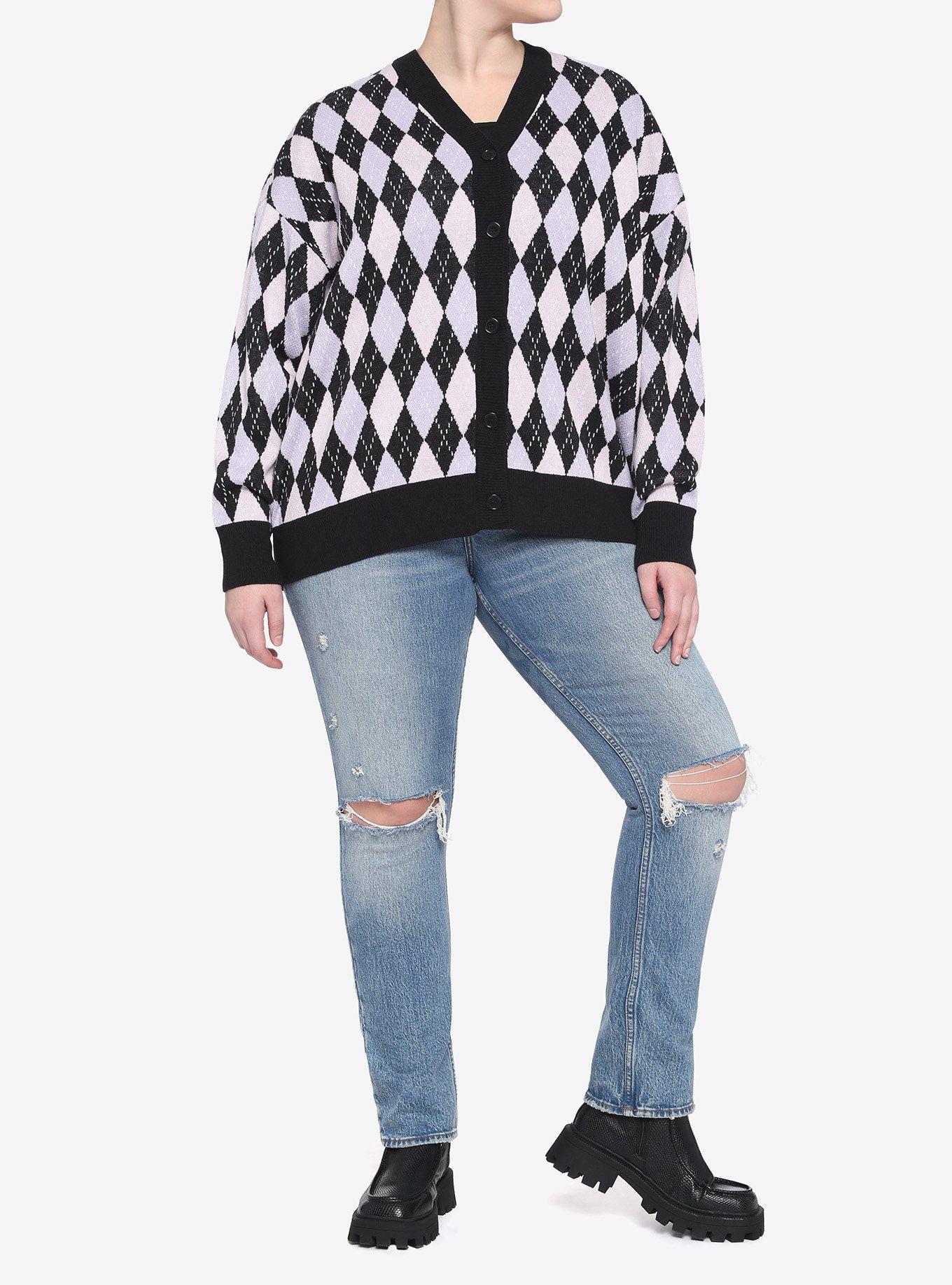 Lavender & Pink Argyle Girls Cardigan Plus Size, ARGYLE, alternate