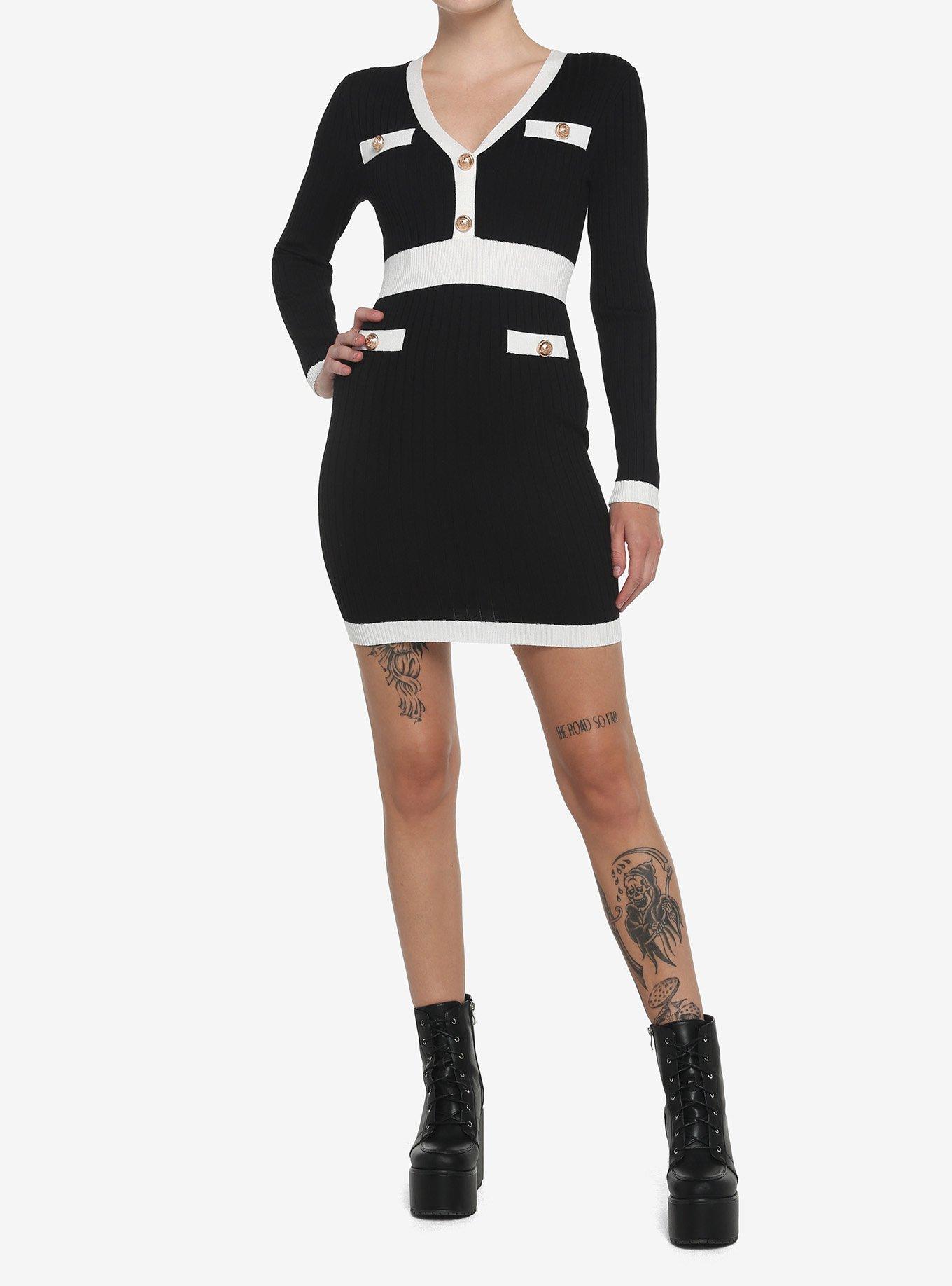 Black & White Rib Knit Suit Dress, BLACK, alternate