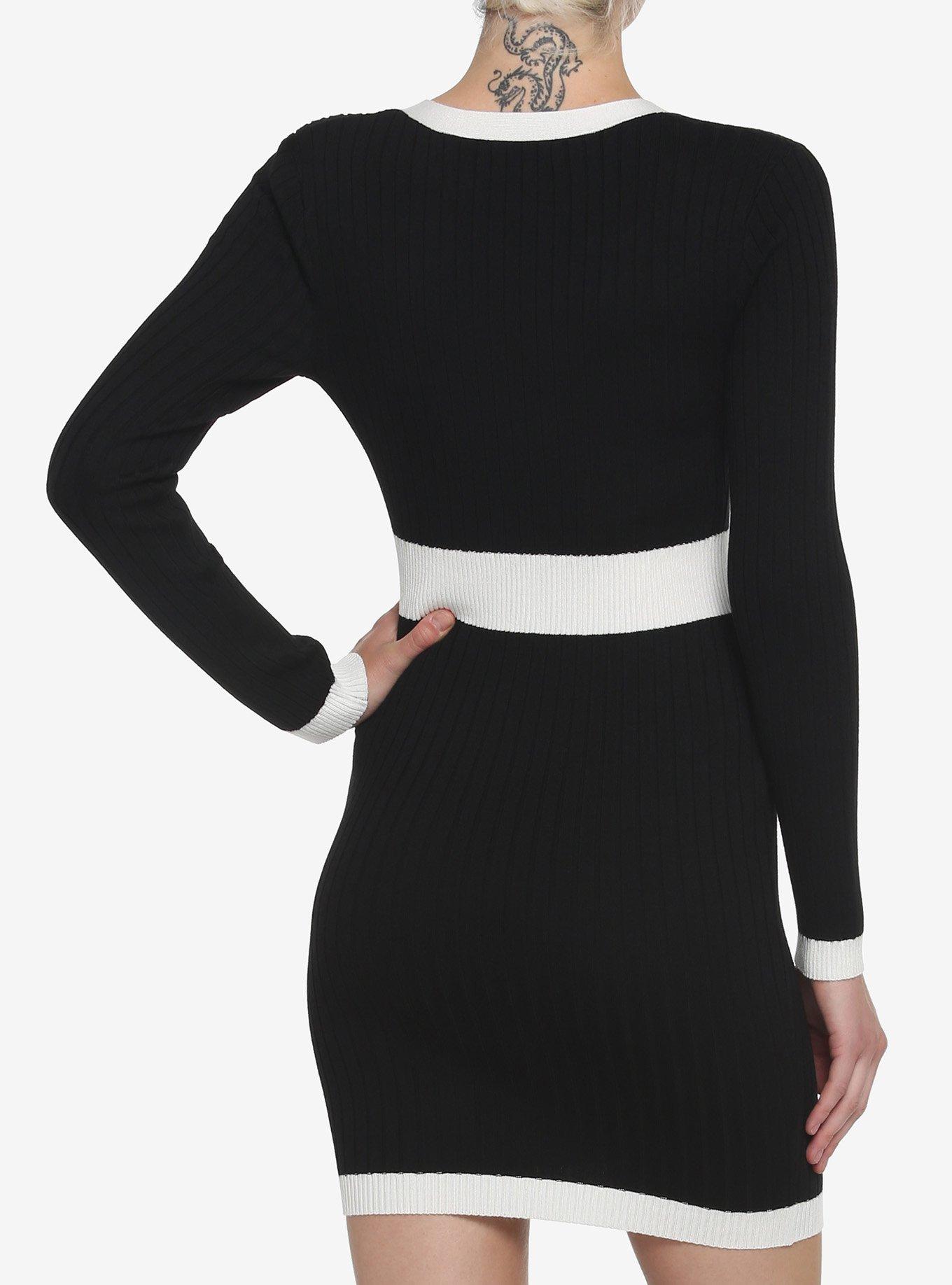 Black & White Rib Knit Suit Dress, BLACK, alternate