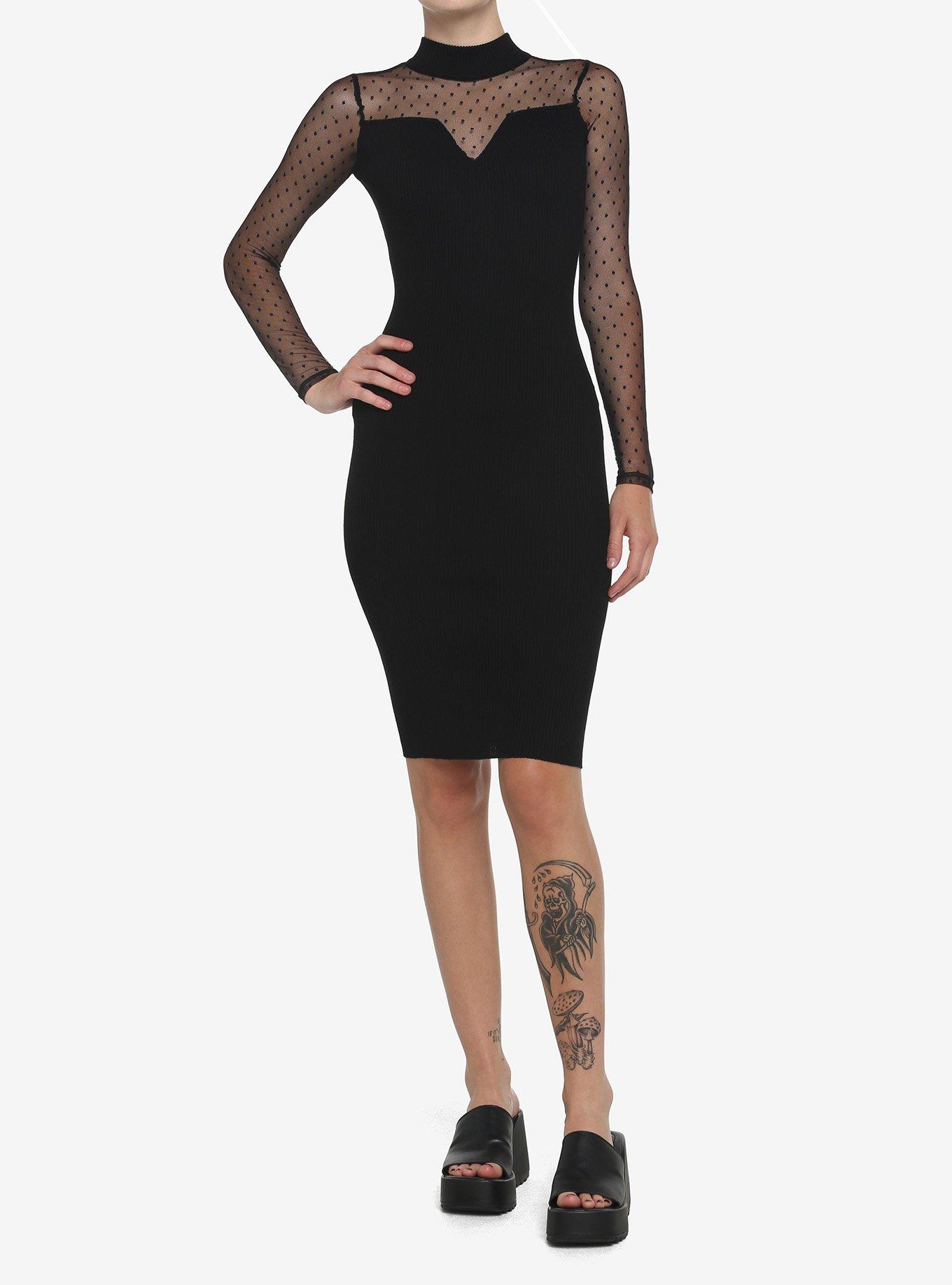 Black Polka Dot Mesh Long-Sleeve Midi Dress, BLACK, alternate
