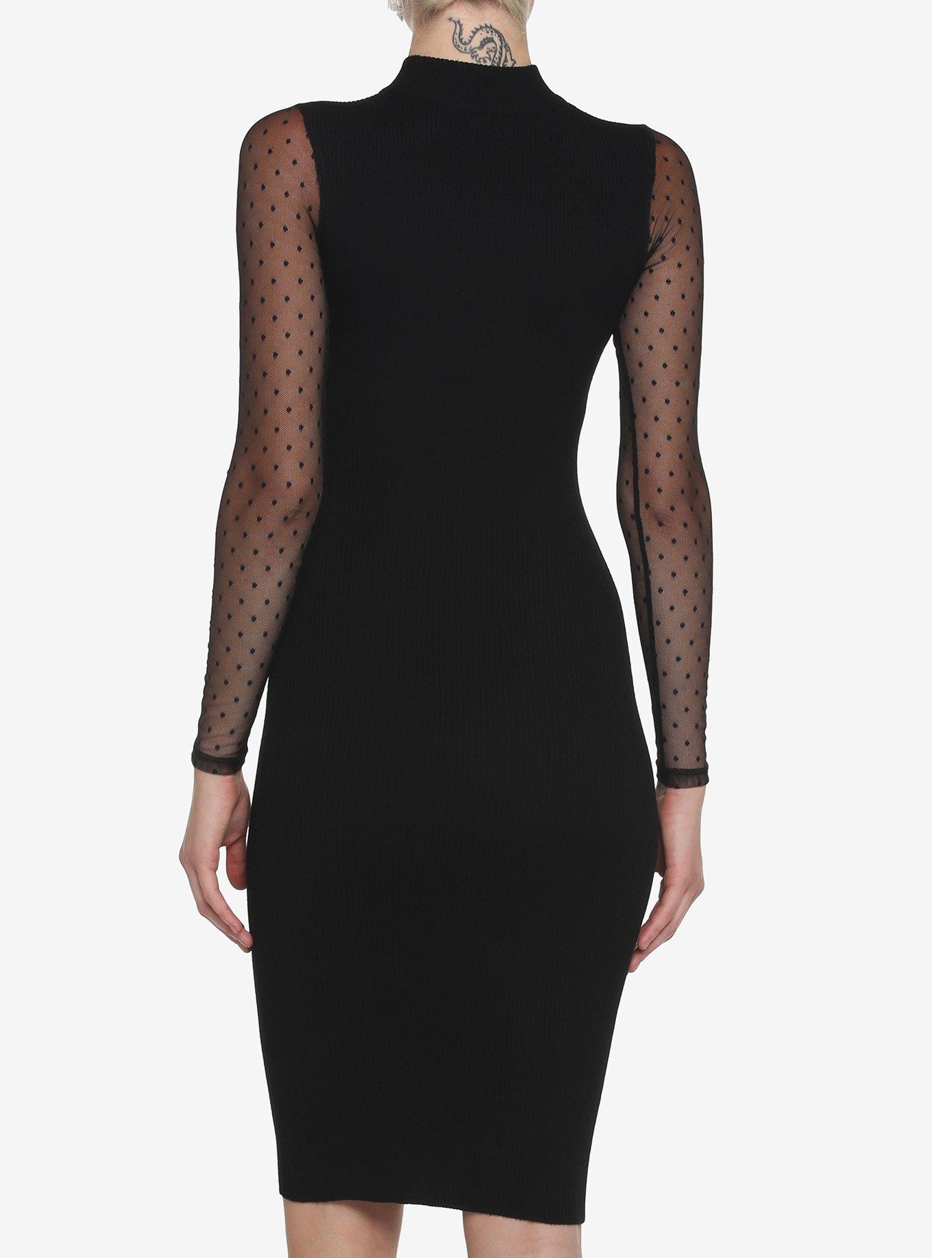 Black Polka Dot Mesh Long-Sleeve Midi Dress, BLACK, alternate
