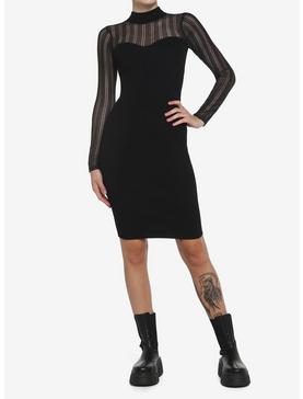Black Glitter Mesh Long-Sleeve Midi Dress, , hi-res