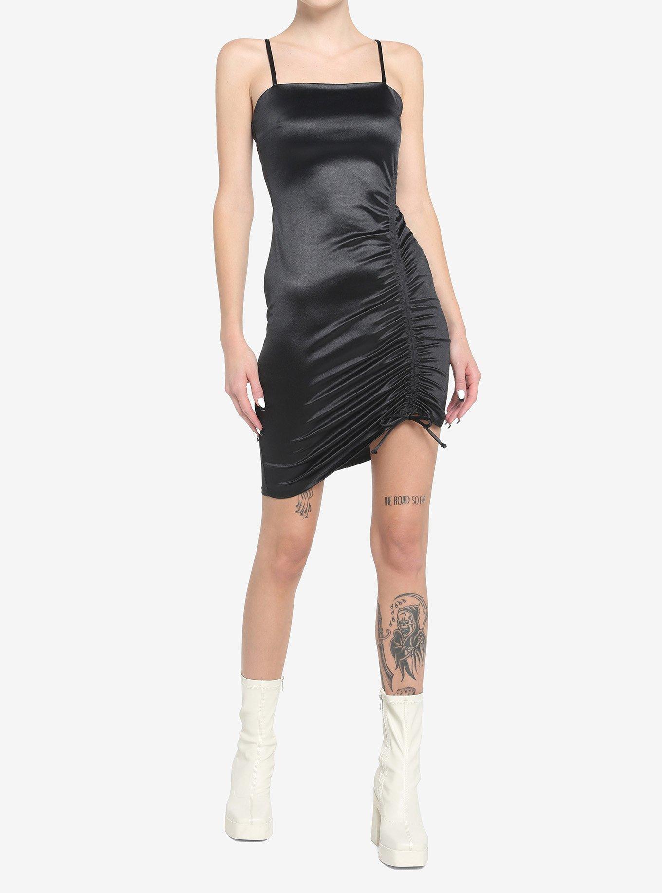 Black Asymmetrical Ruched Dress, BLACK, alternate