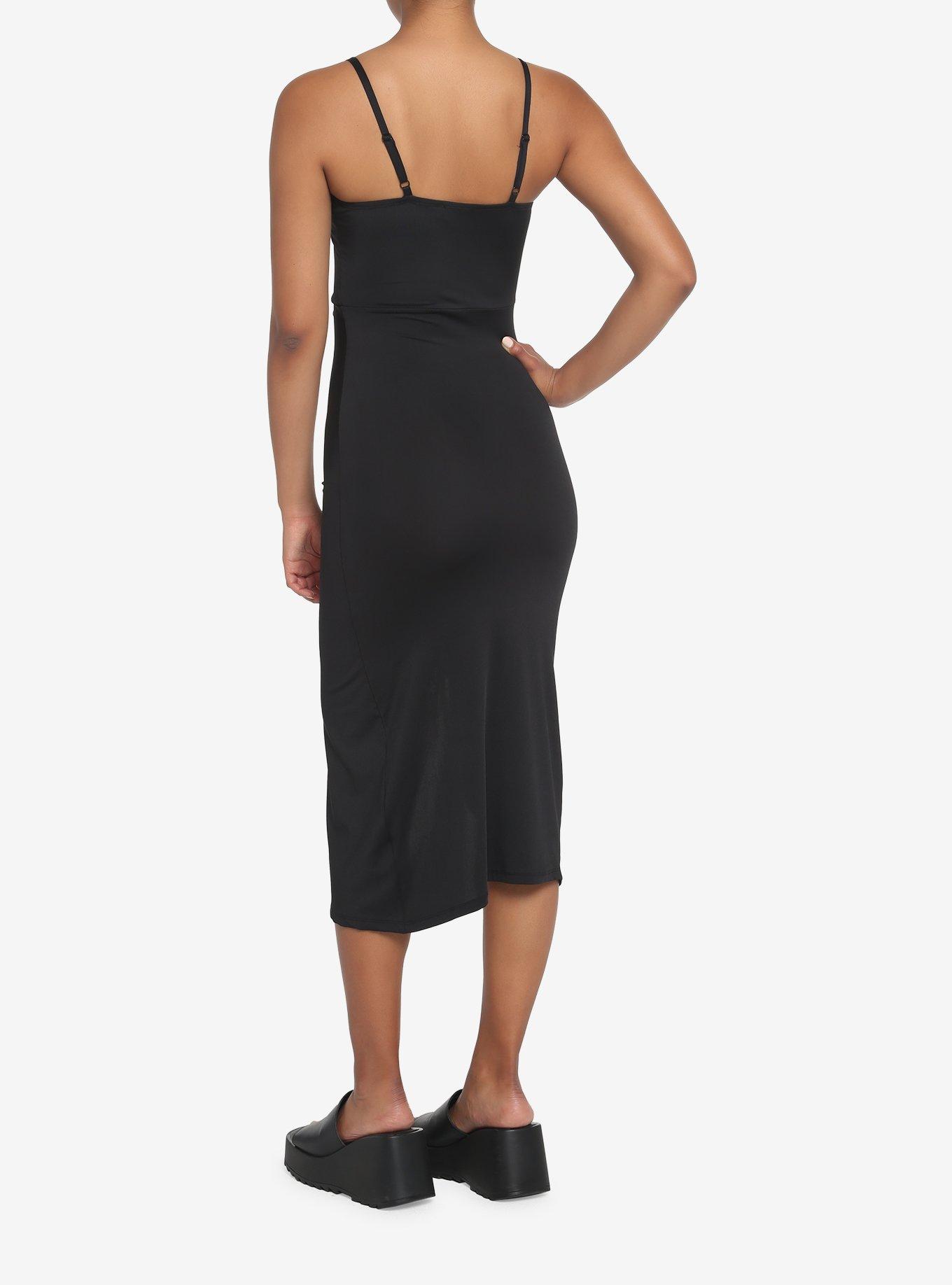 Black Ruched Slit Midi Dress, BLACK, alternate