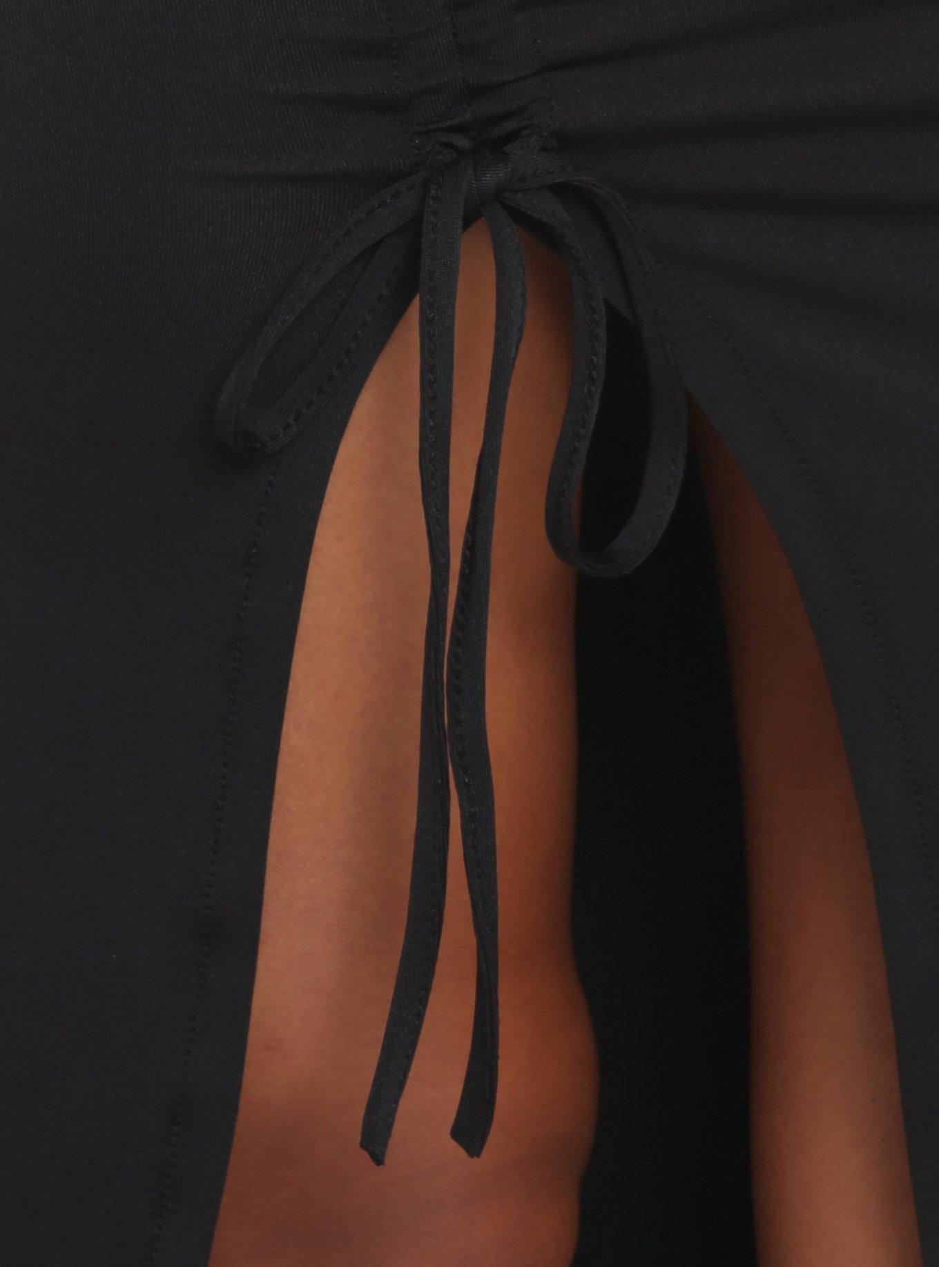 Black Ruched Slit Midi Dress, BLACK, alternate