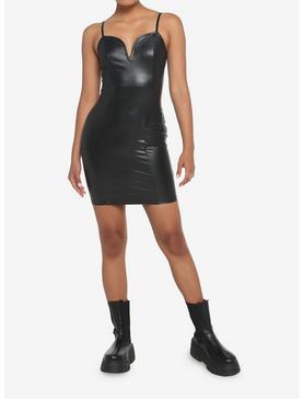 Black Faux Leather V-Neck Mini Dress, , hi-res