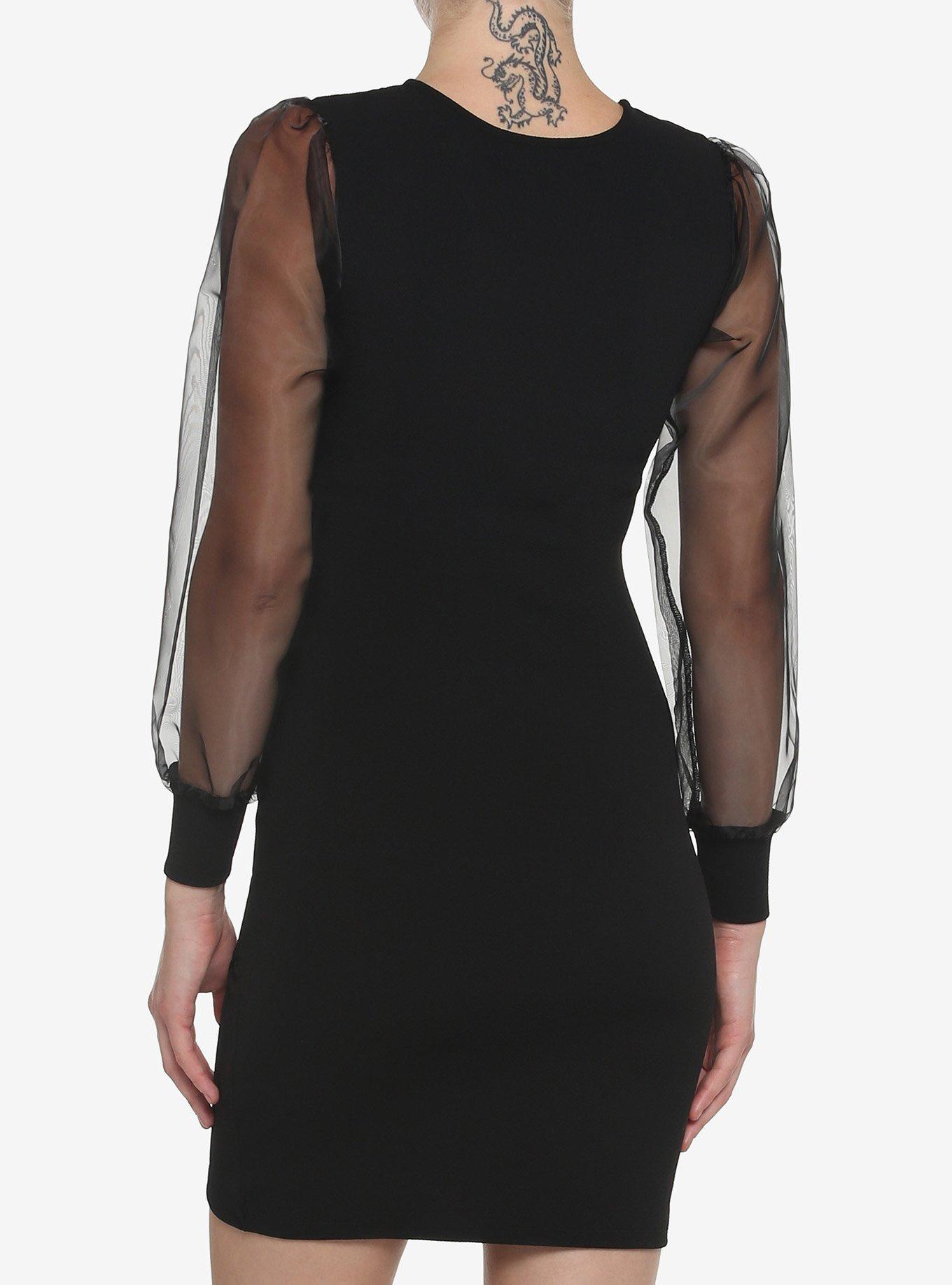 Black Wrap Mesh Long-Sleeve Dress, BLACK, alternate