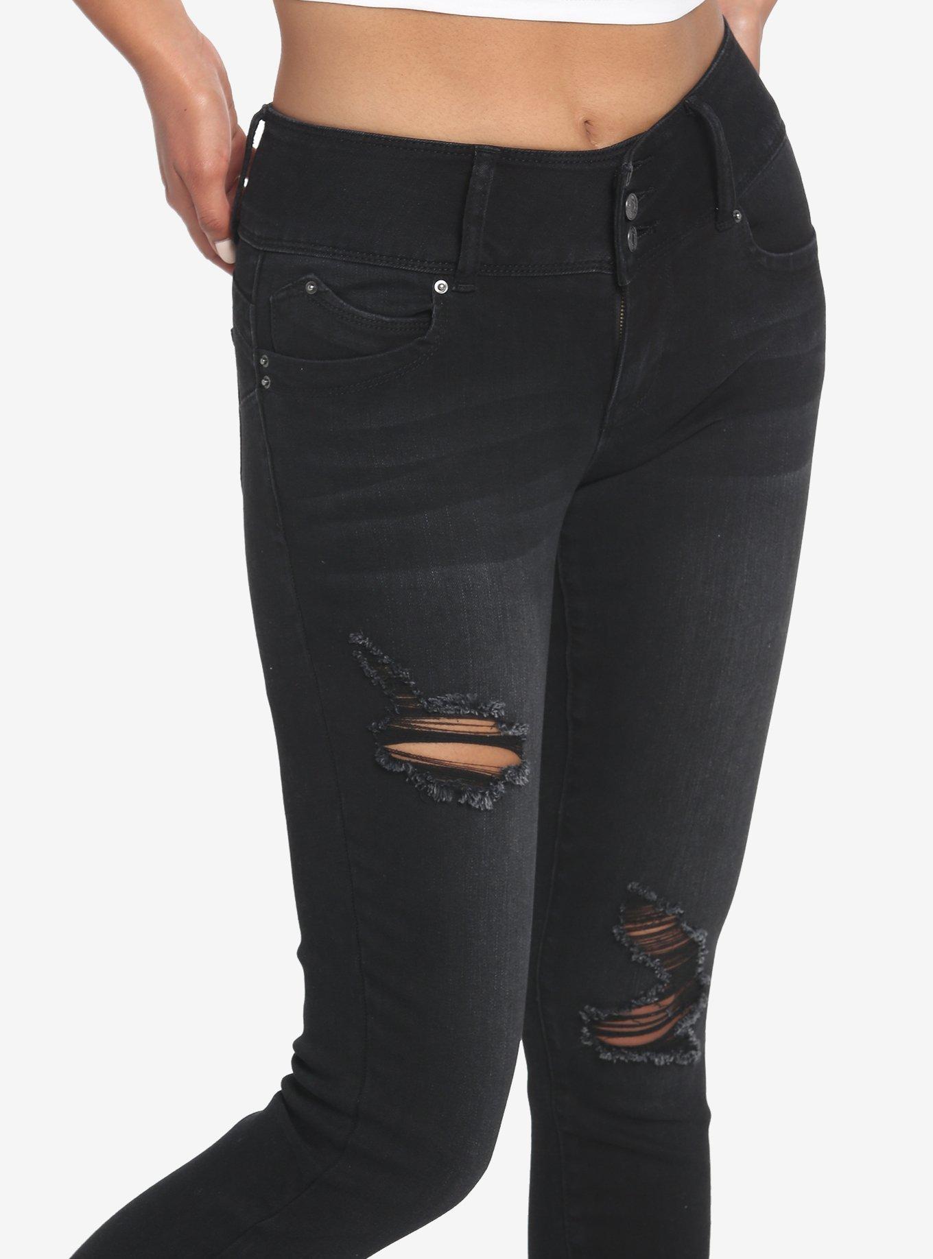 Black Destructed Super Skinny Jeans, BLACK, alternate