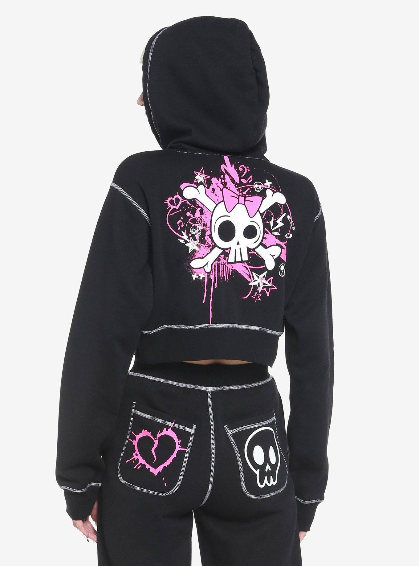 Black & Pink Emo Icons Girls Crop Hoodie, BLACK, alternate