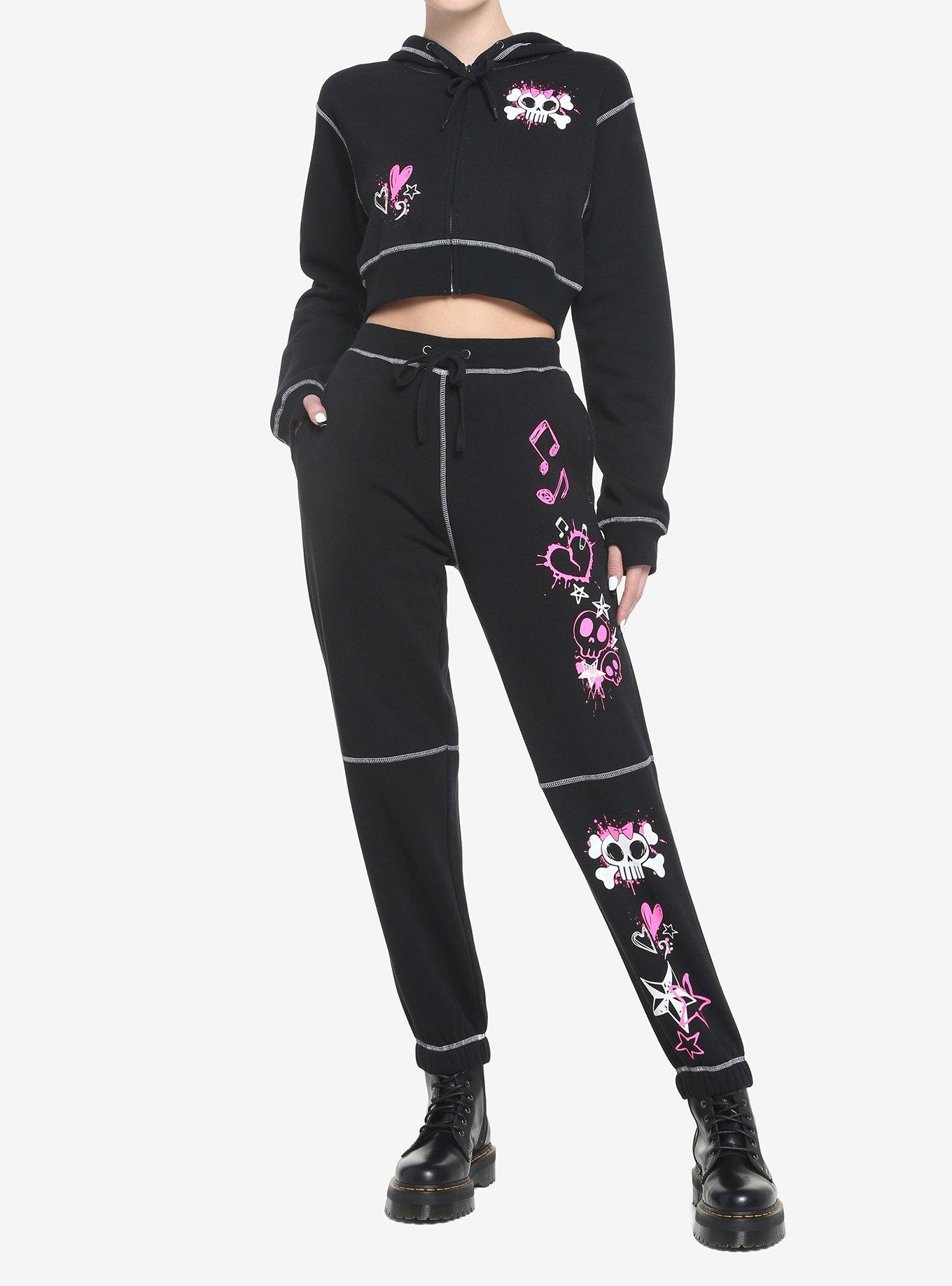 Black & Pink Emo Icons Girls Jogger Pants, BLACK, alternate