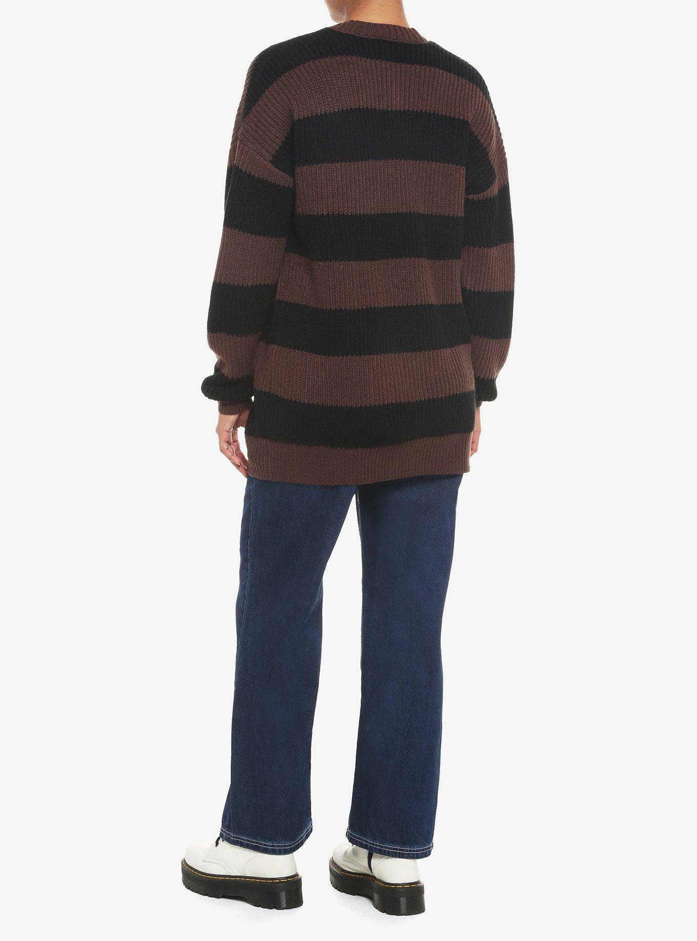 Black & Brown Stripe Oversize Girls Cardigan, STRIPE - BROWN, alternate
