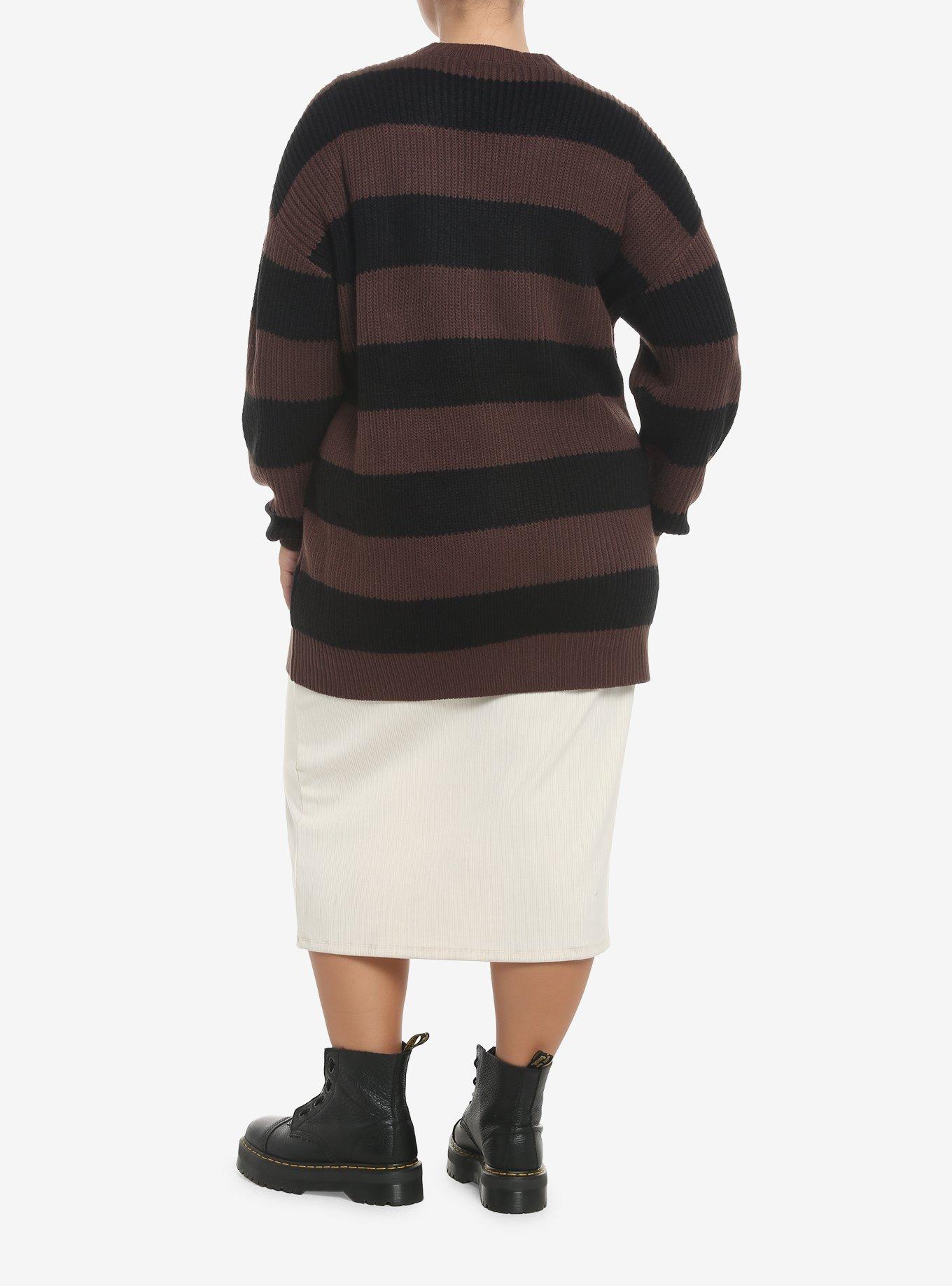 Black & Brown Stripe Oversize Girls Cardigan Plus Size, STRIPE - BROWN, alternate