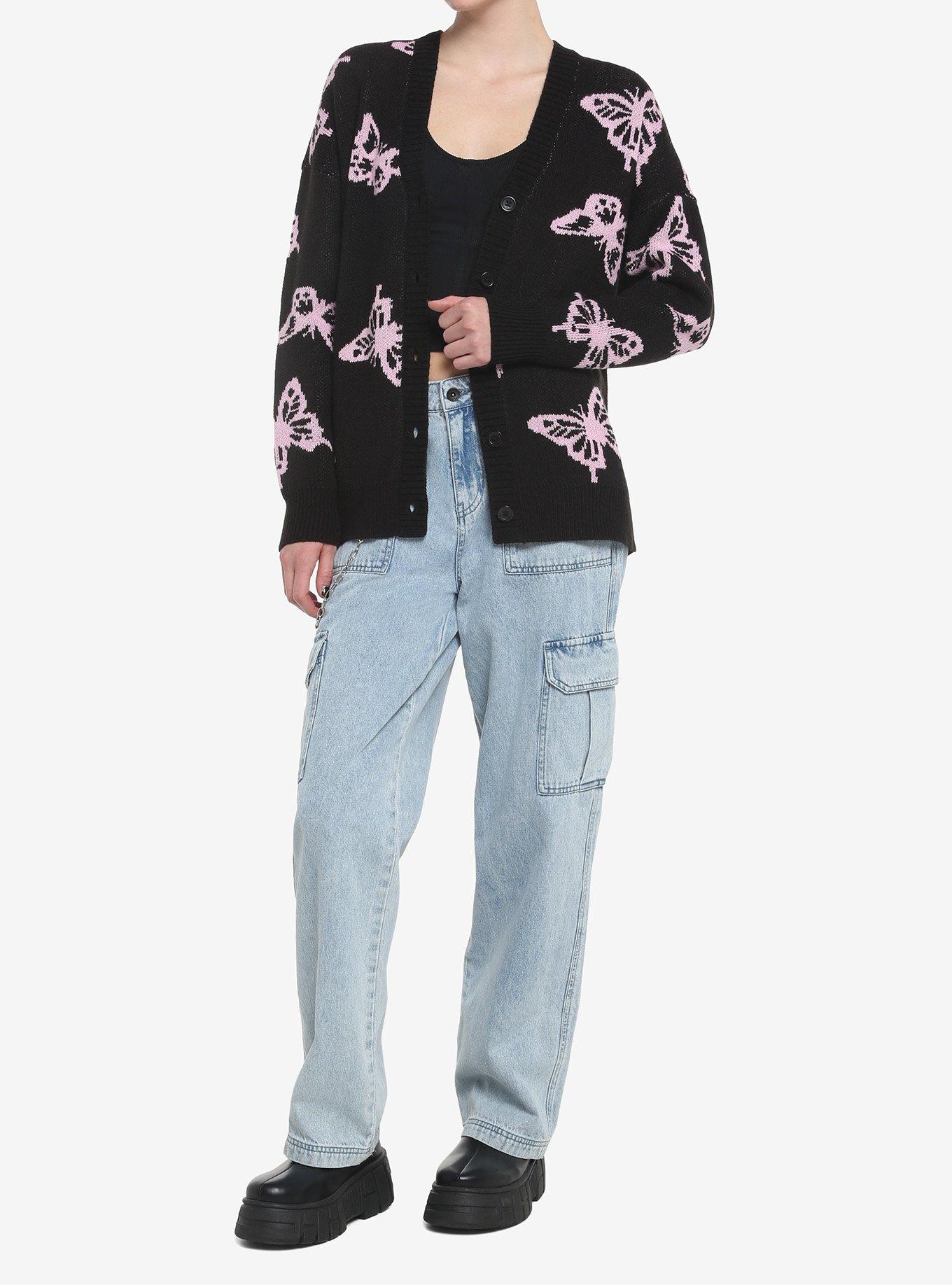 Black & Pink Butterfly Girls Cardigan, BLACK, alternate