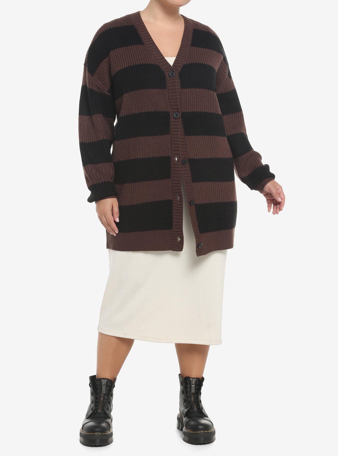 Black & Brown Stripe Oversize Cardigan Plus Size, BLACK GREY STRIPE, alternate