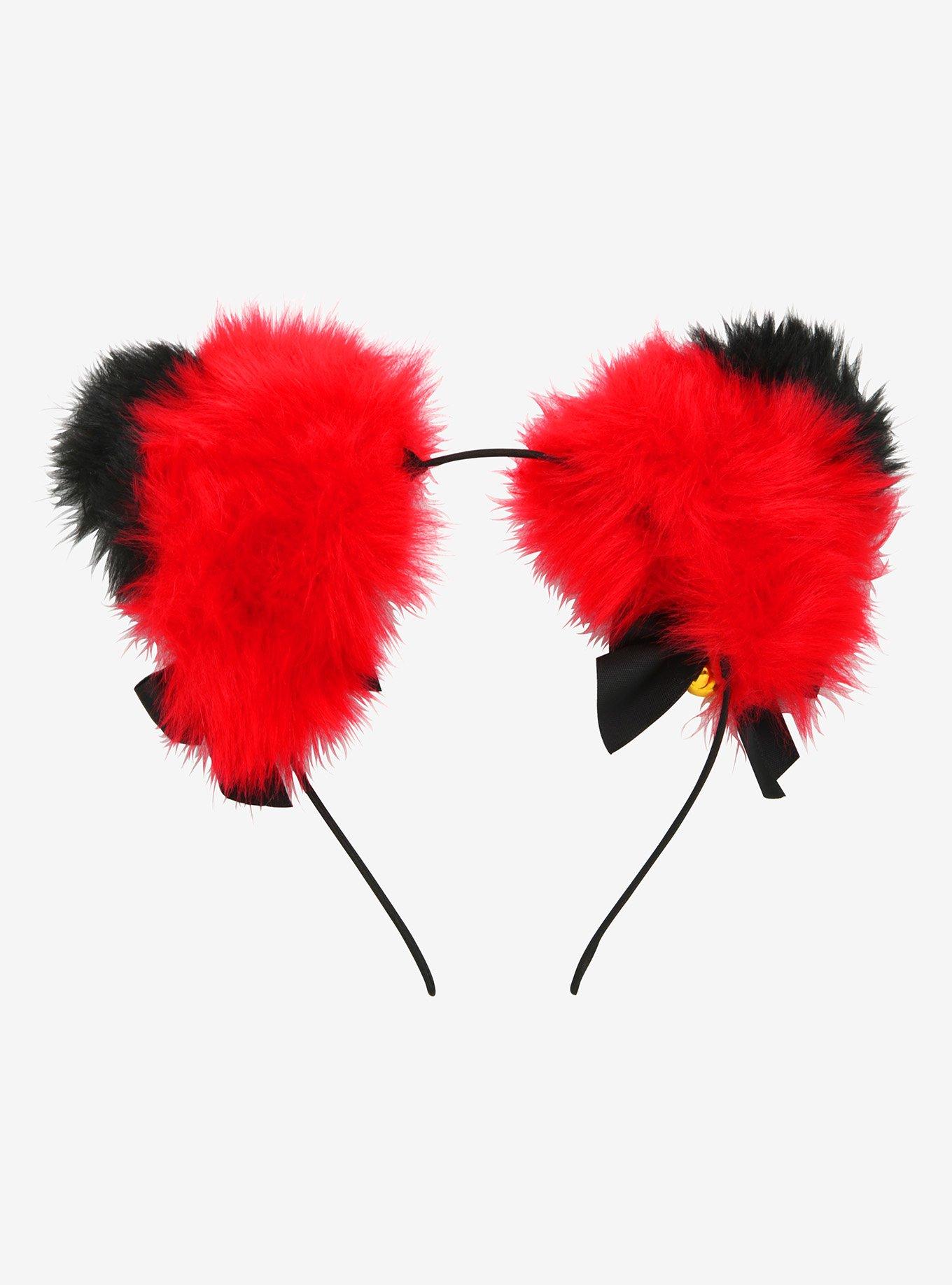 Black & Red Fuzzy Cat Ear Headband, , alternate