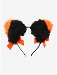 Black & Orange Fuzzy Cat Ear Headband, , alternate