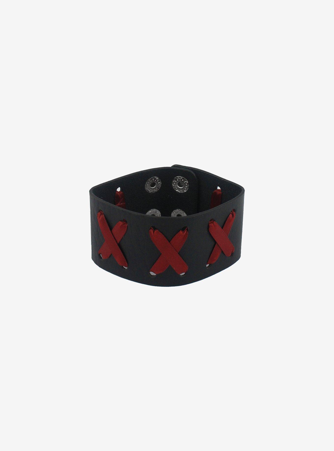 Black & Red Cross-Stitch Cuff Bracelet, , alternate