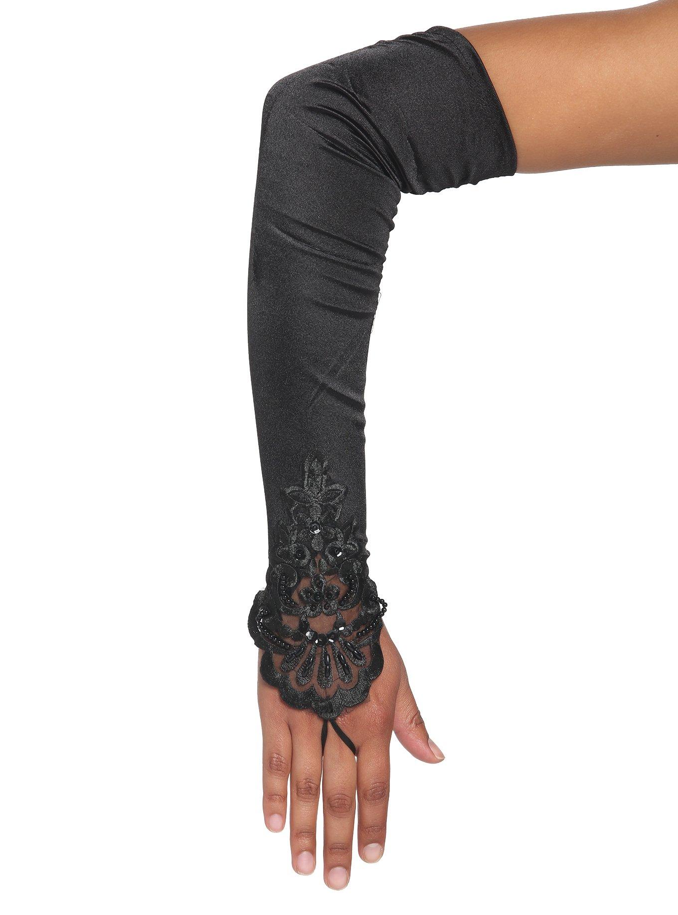 Black Satin Beaded Ruched Fingerless Gloves, , alternate