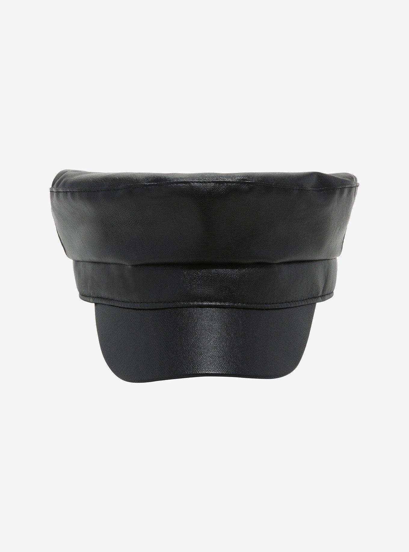 Black Faux Leather Cabbie Hat, , alternate