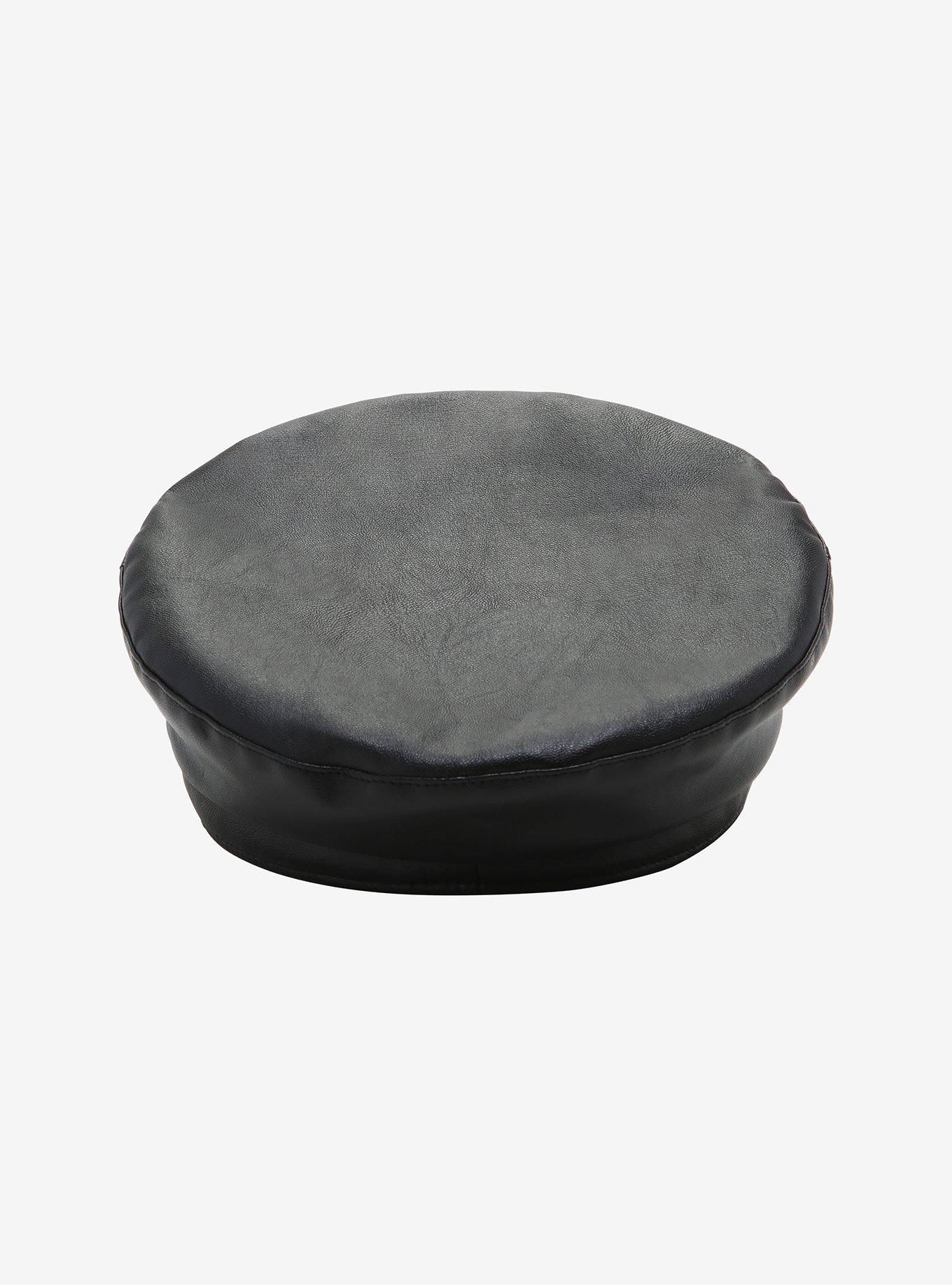 Black Faux Leather Cabbie Hat, , alternate