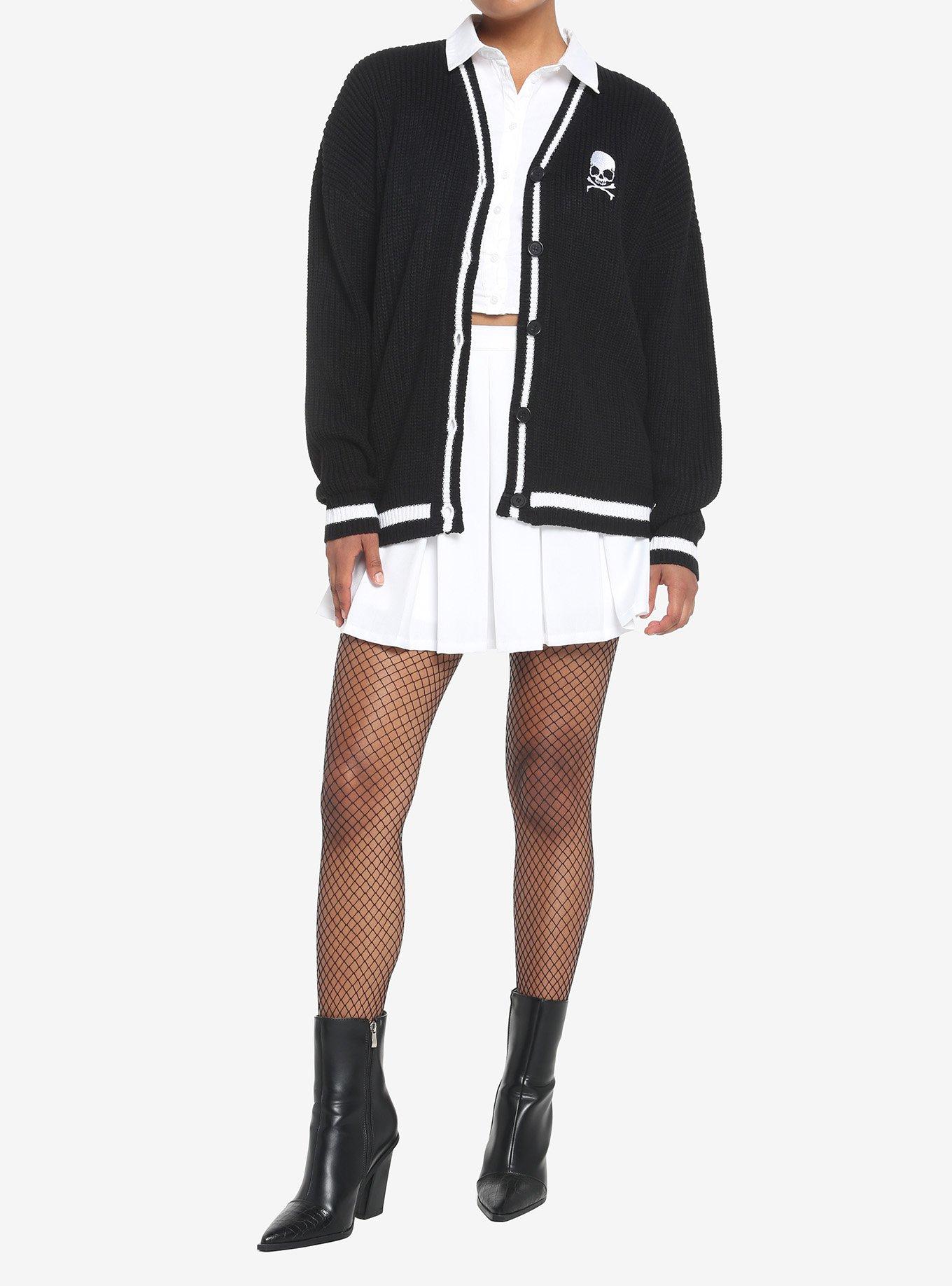 Skull Embroidery Varsity Stripe Girls Cardigan, BLACK, alternate