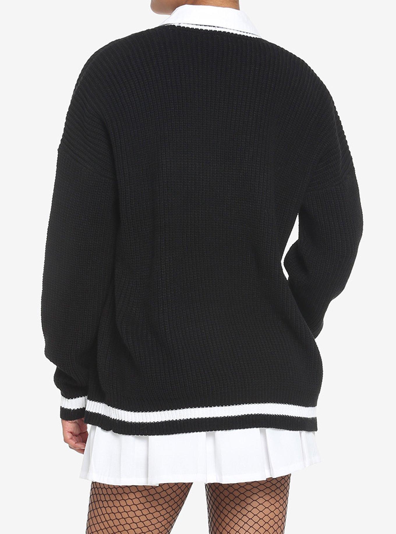 Skull Embroidery Varsity Stripe Girls Cardigan, BLACK, alternate