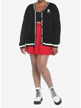 Skull Embroidery Varsity Stripe Girls Cardigan Plus Size, BLACK, alternate