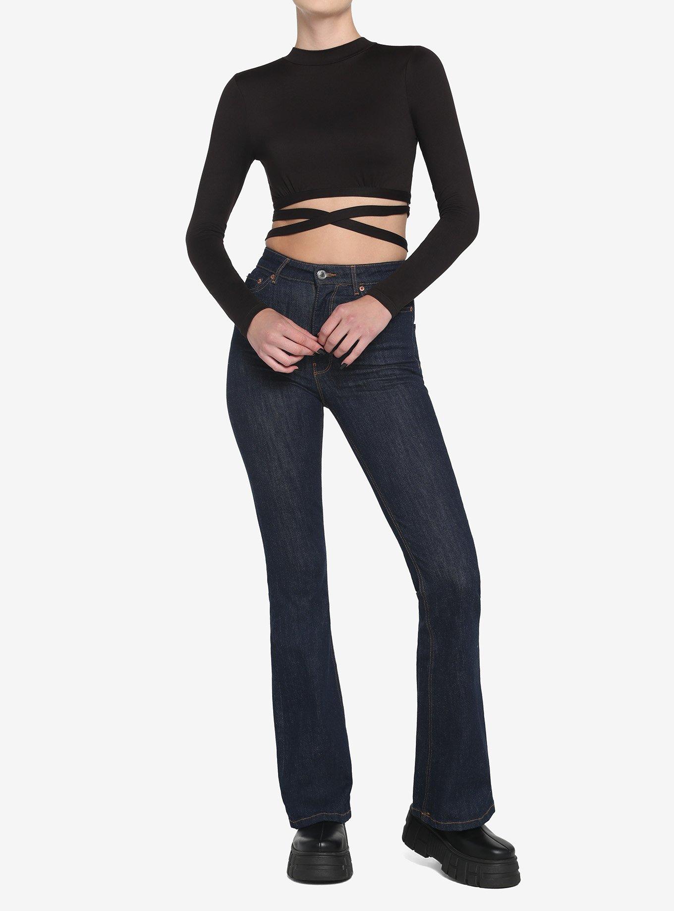 Black Wrap Waist Girls Crop Long-Sleeve Shirt, BLACK, alternate
